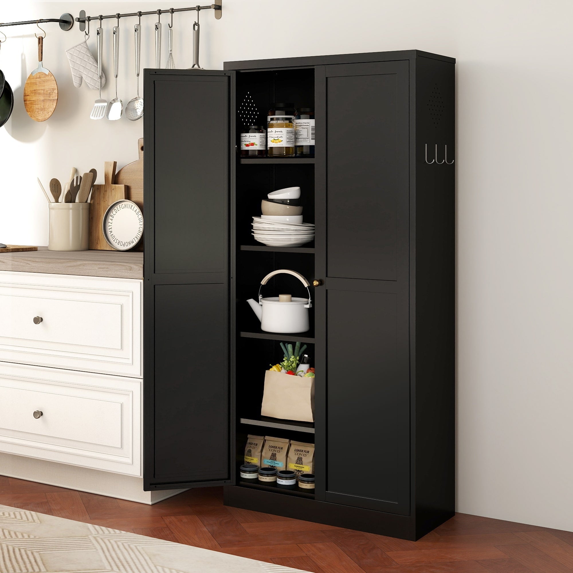 61 Metal Kitchen Pantry Cabinet Adjustable Storage With 4 Shelves 110Lb Capacity Heavy Duty Freestanding Pantry Organizer