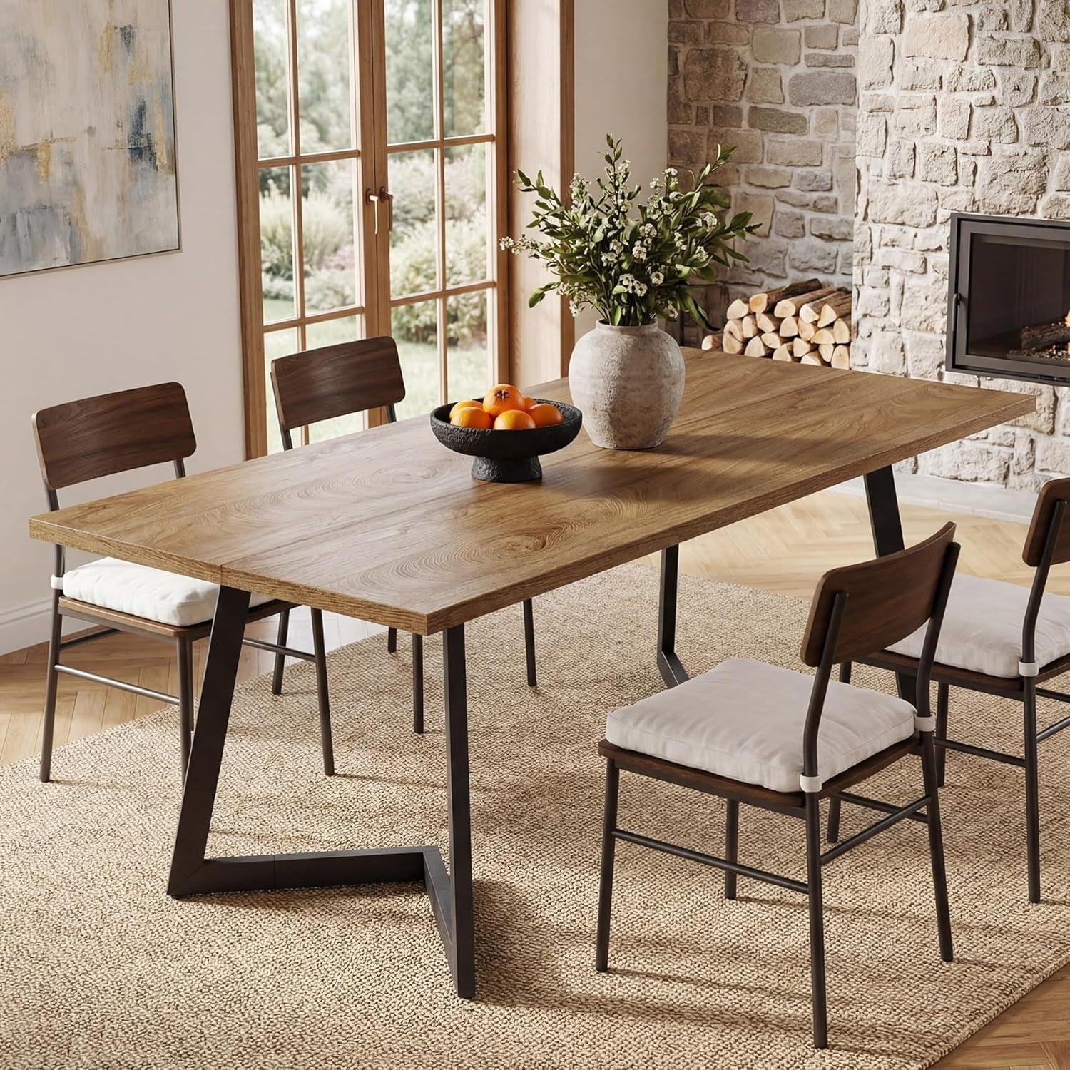 62.2 Rectangular Dining Table For 4 6 Industrial Kitchen Dinner Table With Metal Legs 62.2 L X 29.92 W X 29.53 H