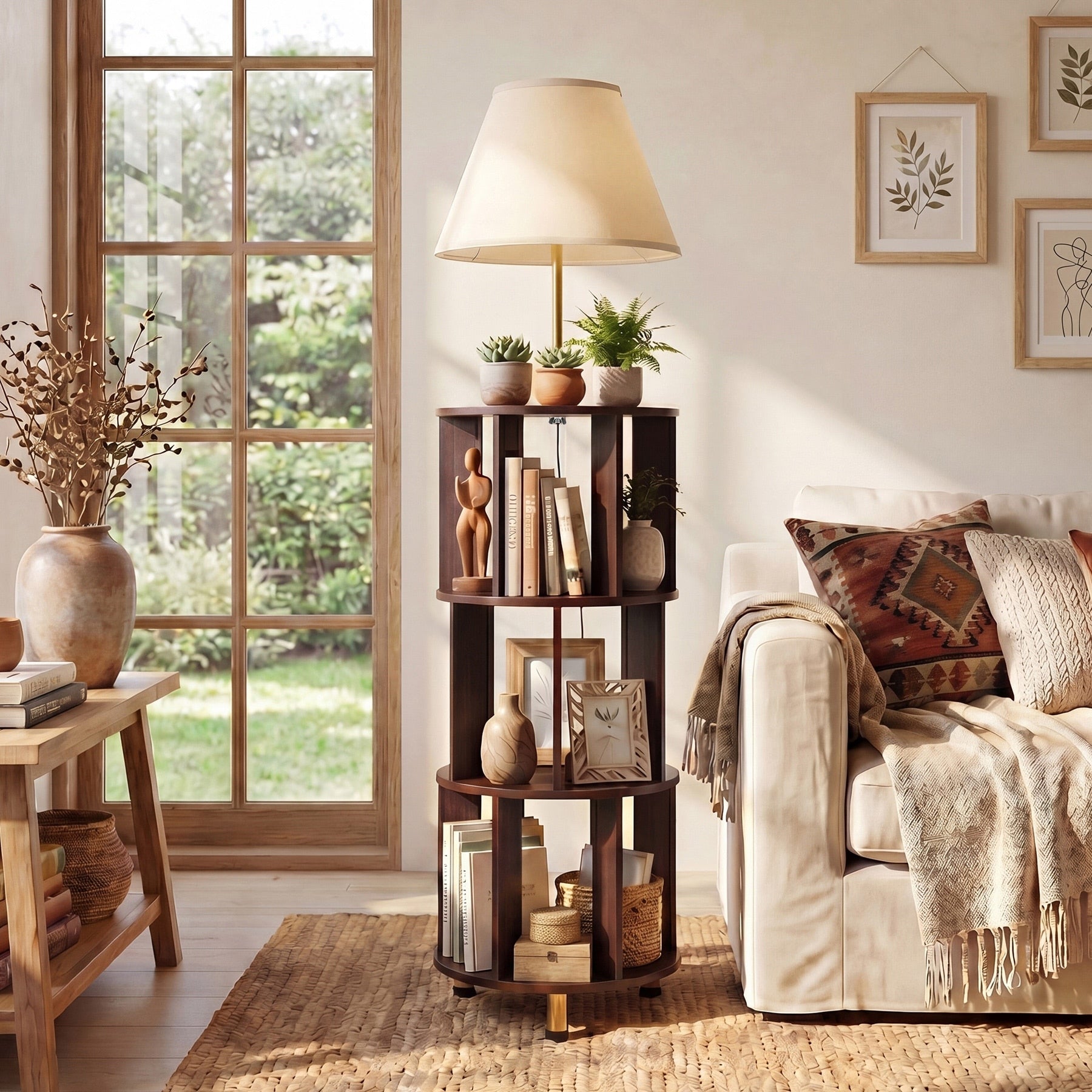 62.2 Retro Floor Lamp With 3 Tier Storage Shelves Display Bookcase For Living Room And Bedroom