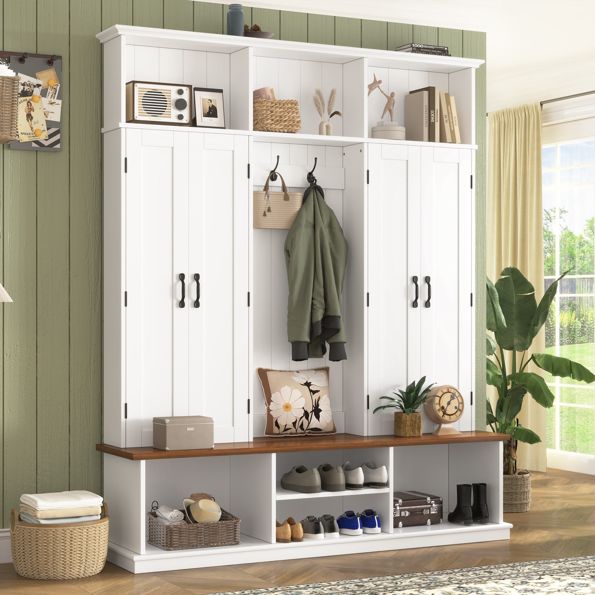 62.2 Farmhouse Entryway Hall Tree With Bench Cubbies And Storage