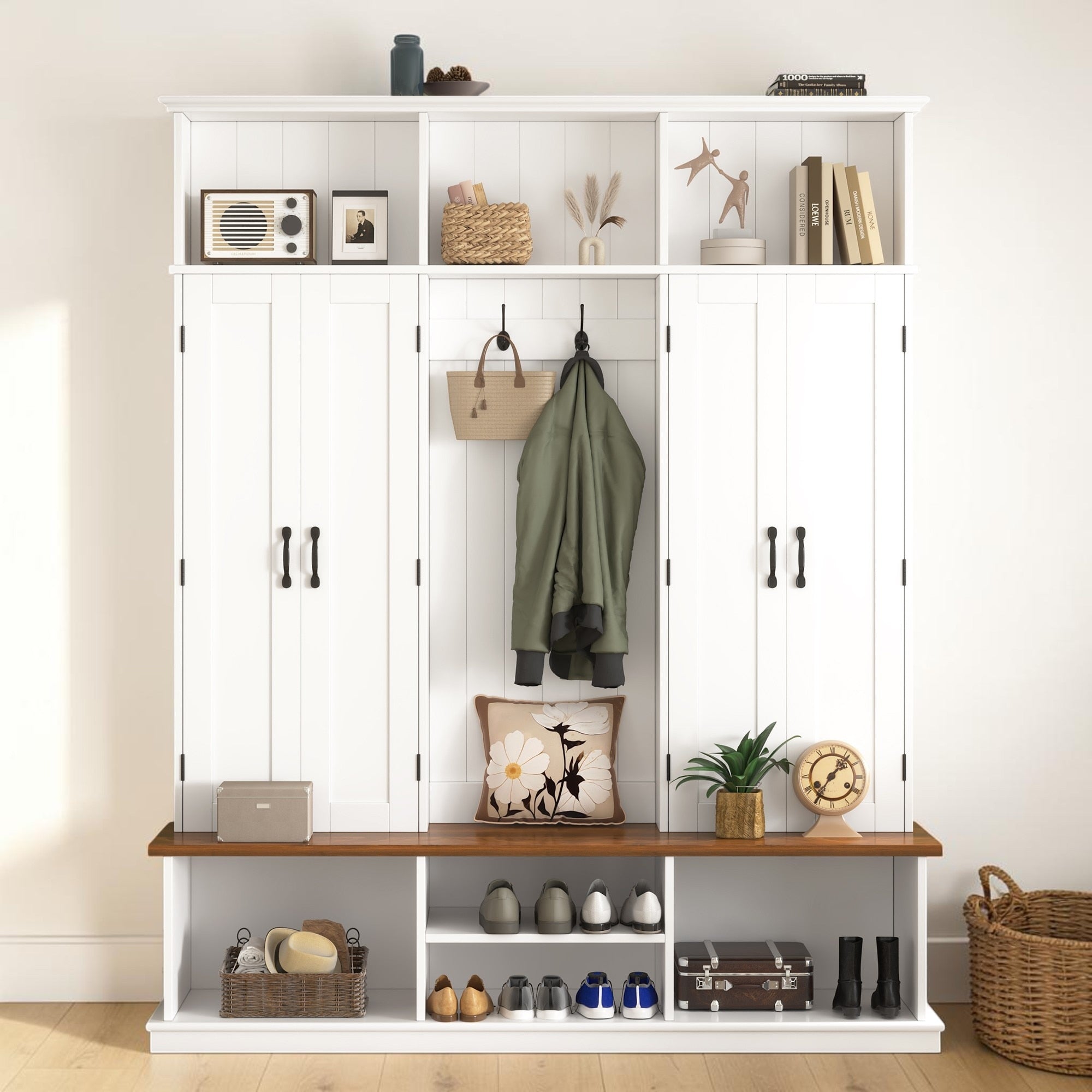 62.2 Farmhouse Hall Tree With Bench And Storage Entryway Coat Rack With Hooks Cabinets And Cubbies