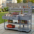 62.3 Patio Kitchen Island Solid Wood Kitchen Cart With Stainless Table Top Garden Potting Bench With Raised Shelf And Drawers