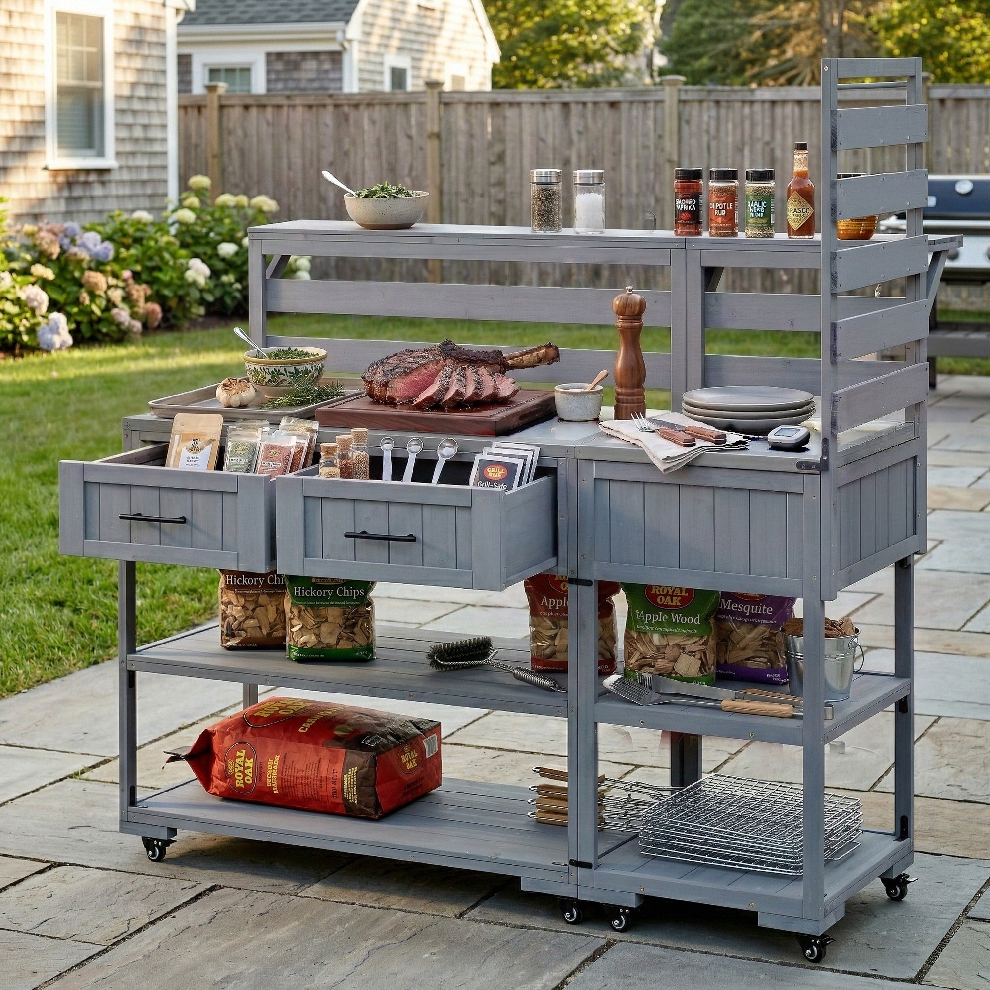 62.3 Patio Kitchen Island Solid Wood Kitchen Cart With Stainless Table Top Garden Potting Bench With Raised Shelf And Drawers
