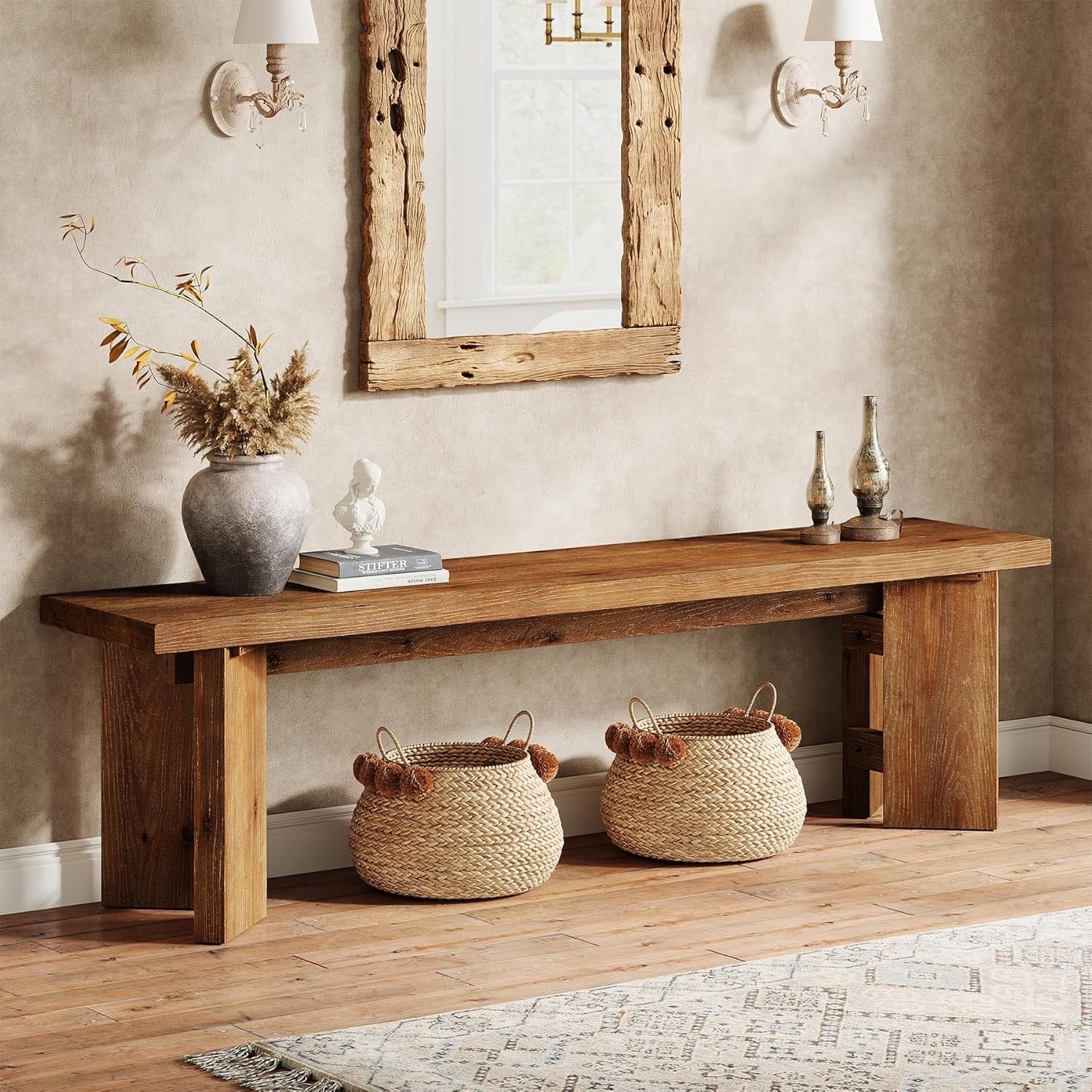 62.99 Solid Wood Bench Farmhouse Entryway Seating Bench