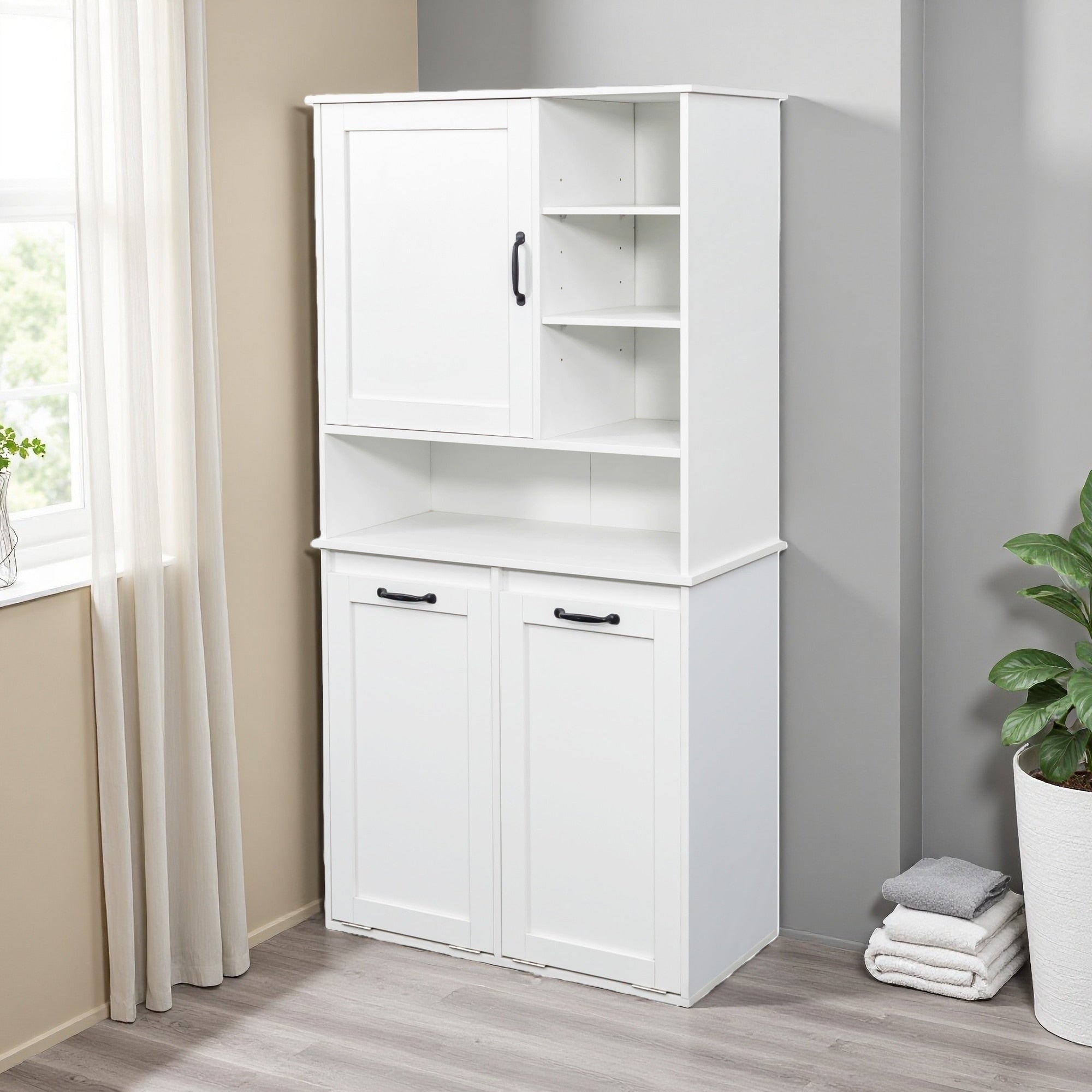 62 H Laundry Cabinet With Doors Shelf Tilt Out Laundry Hamper Adjustable Shelves Freestanding Style