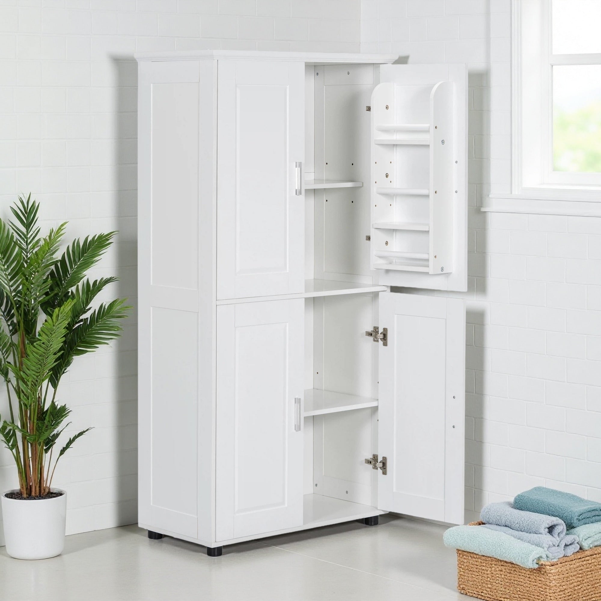 62 H Tall And Wide Freestanding Bathroom Storage Cabinet 4 Doors Adjustable Shelves High Quality Mdf Anti Tipping Device