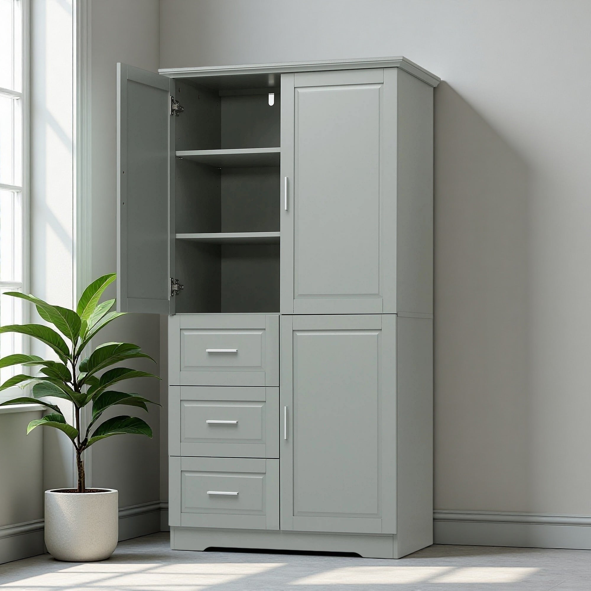 62 H Tall And Wide Storage Cabinet With Doors And Three Drawers Adjustable Shelf Multi Use For Bathroom Anti Tipping Device