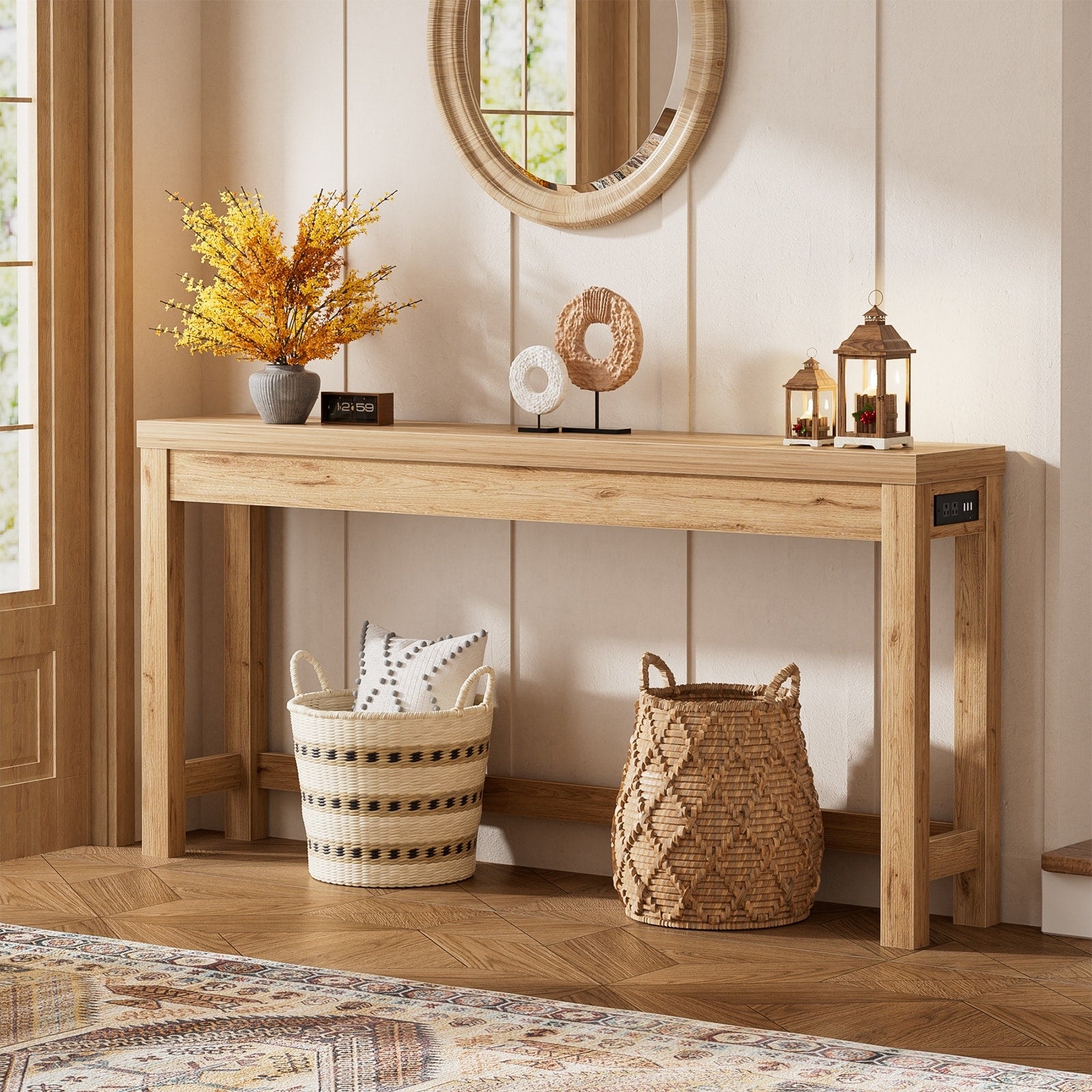 63 In Console Table With Charging Station Farmhouse Entryway Table Behind Couch Table