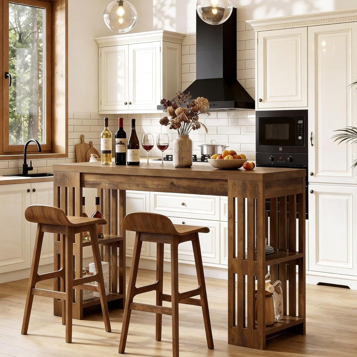 63 Inch Bar Table Wooden Bistro Table With Wine Rack Large Home Bar Unit Pub Table With Storage Shelves