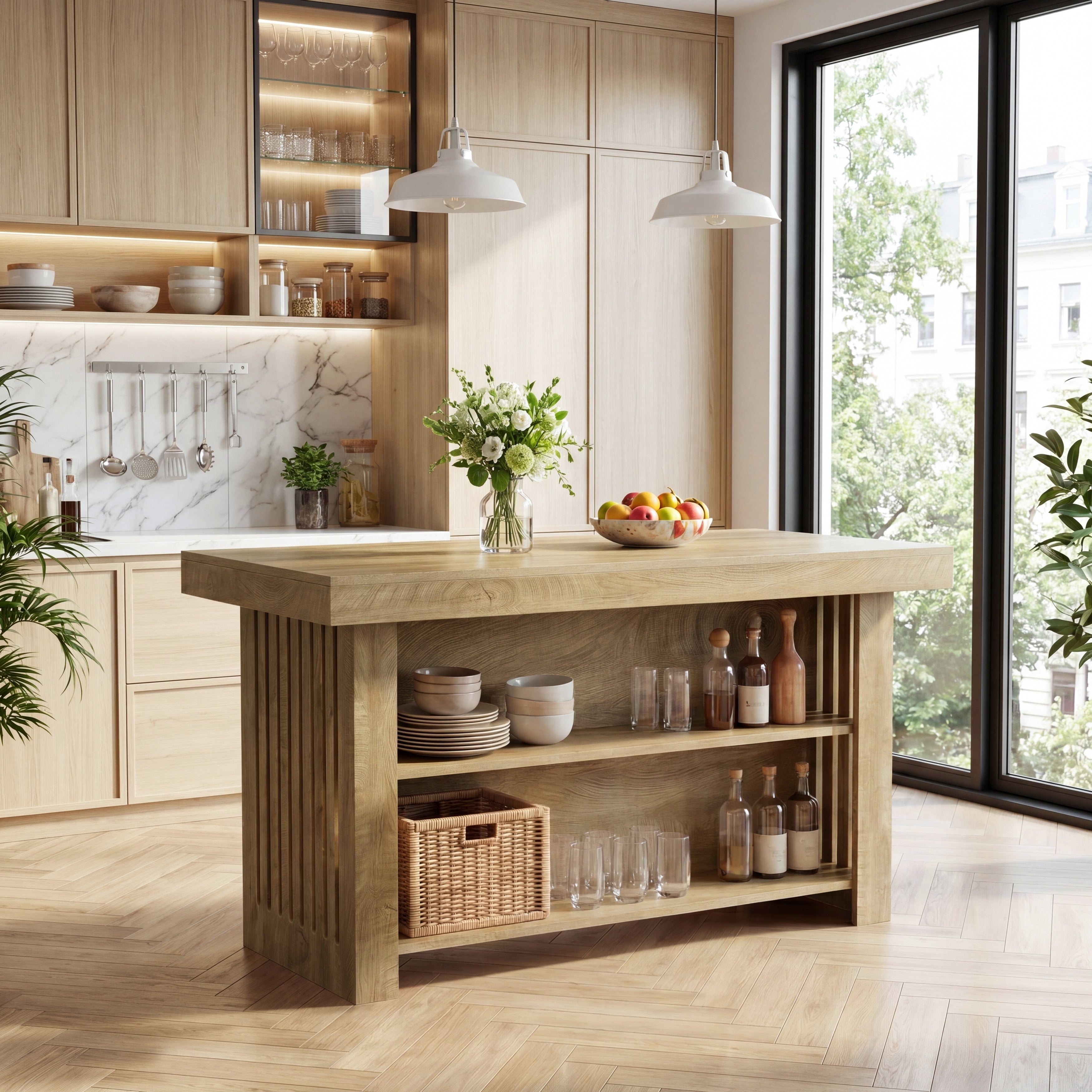 63 Inch Brown Kitchen Island Stationary Butcher Block Island With Storage Shelves