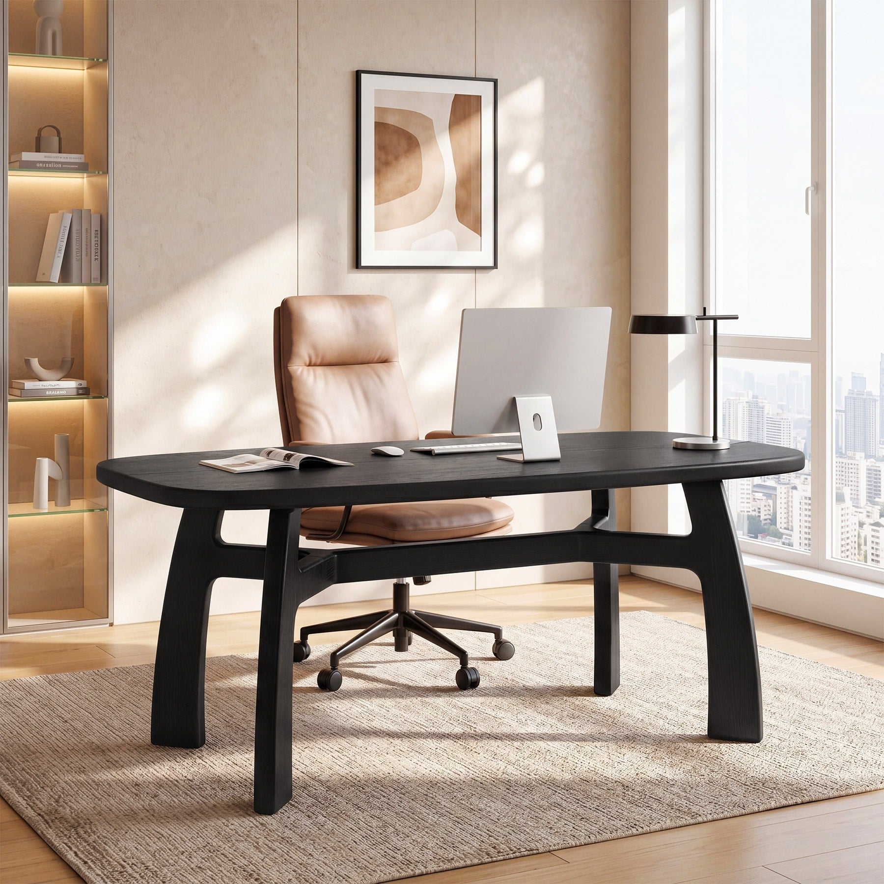 63 Inch Computer Desk Solid Wood Office Desk With Boat Shaped Top