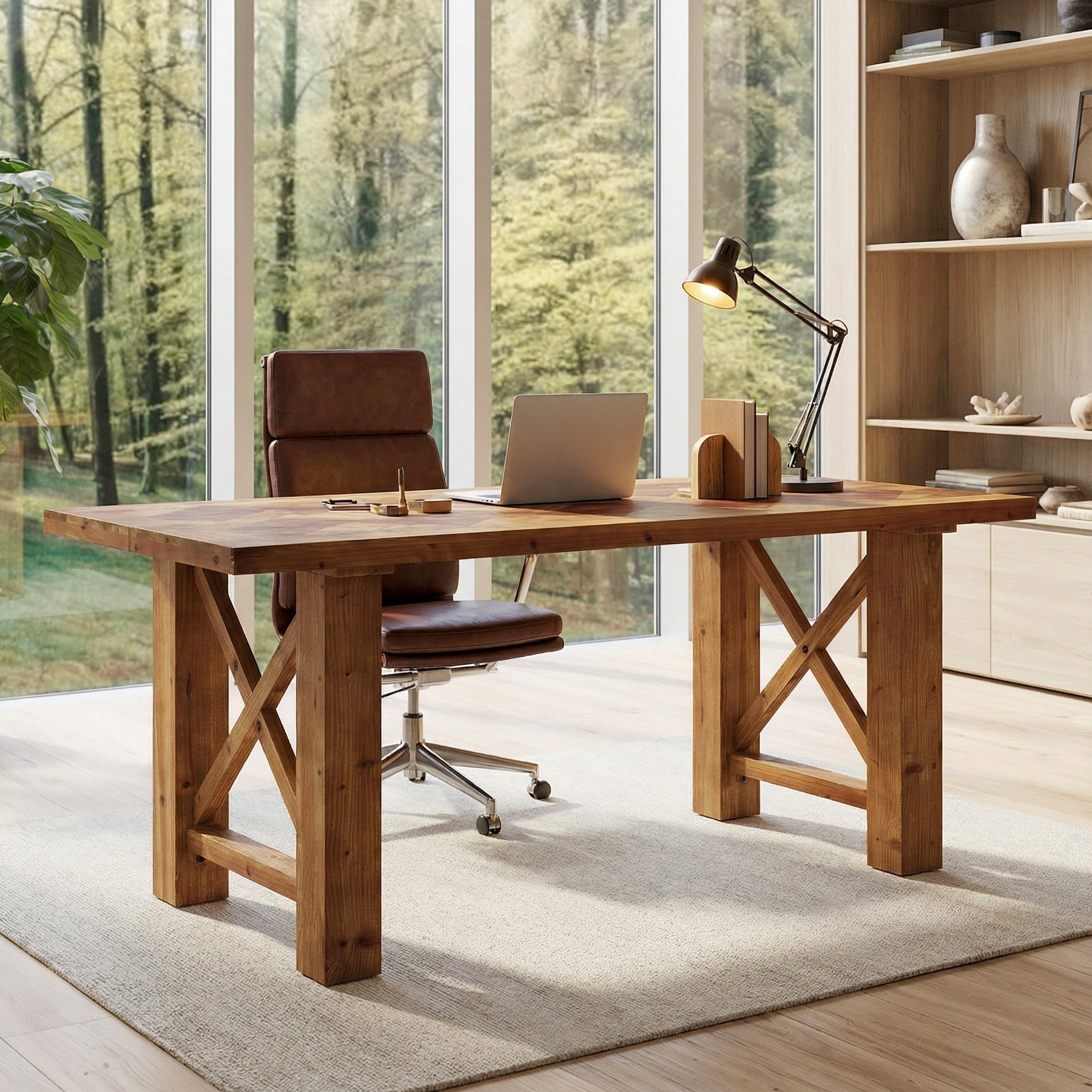63 Inch Computer Desk Solid Wood Office Desk With Parquet Top