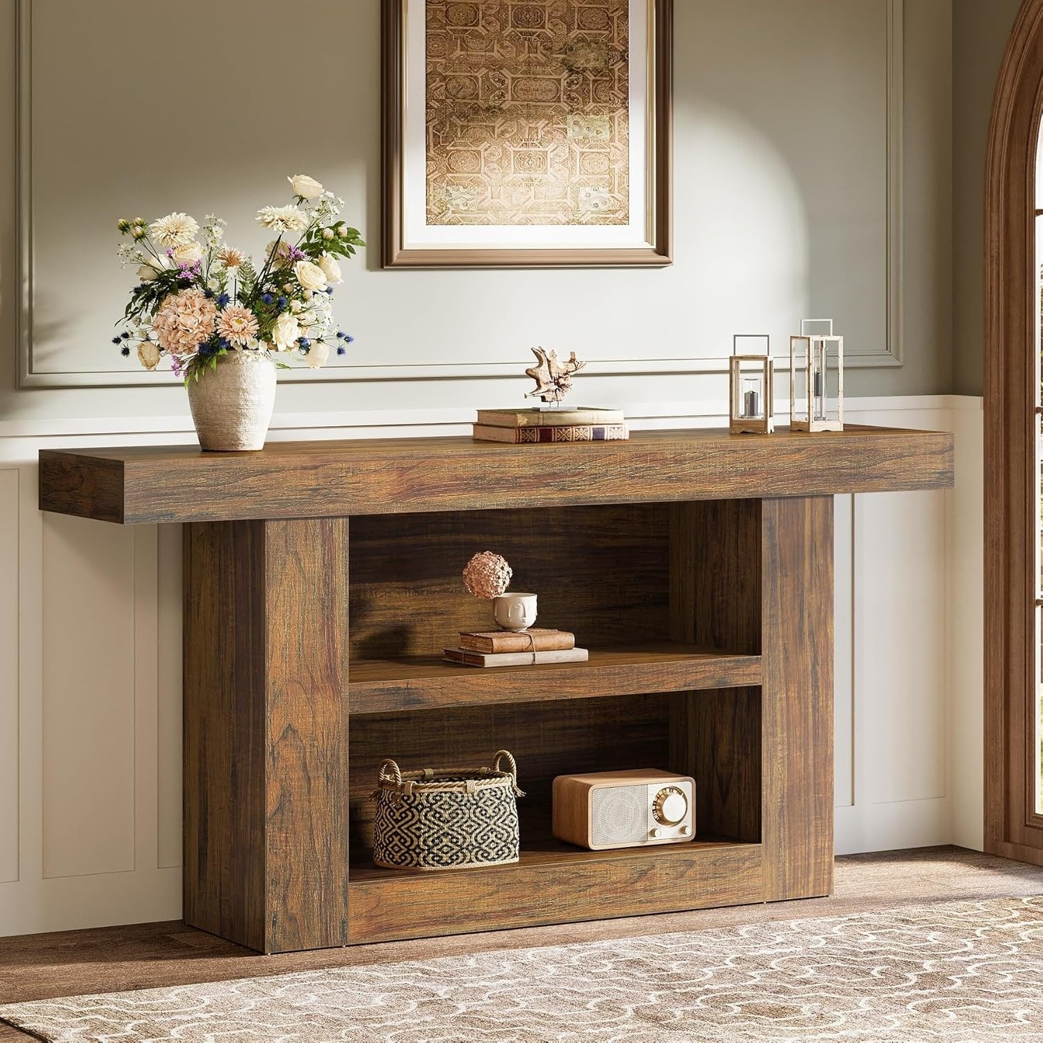63 Inch Console Table With Storage 3 Tier Farmhouse Entryway Table Wooden Sofa Table Behind Couch 11.8 W X 63 L X 31.5 H