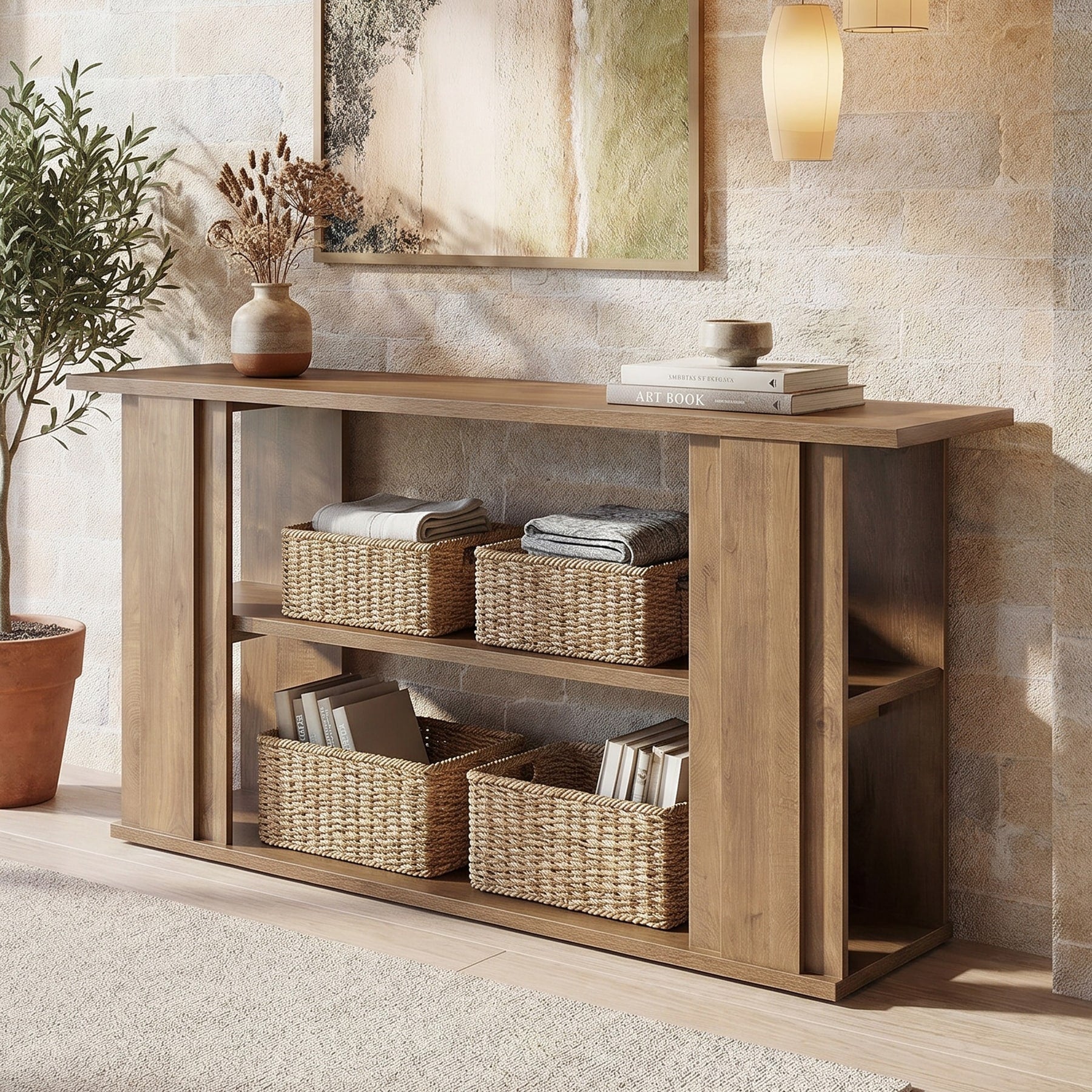 63 Inch Console Table Narrow Long Entryway Table With 2 Tier Open Storage Shelves