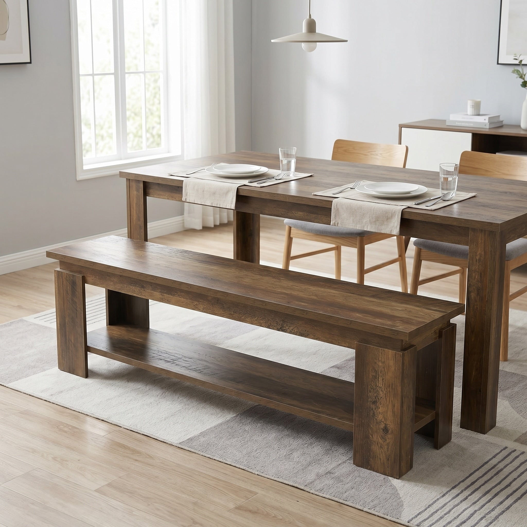 63 Inch Dining Bench For 2 3 Farmhouse Wooden Bench With Storage Shelf For Kitchen Dining Room