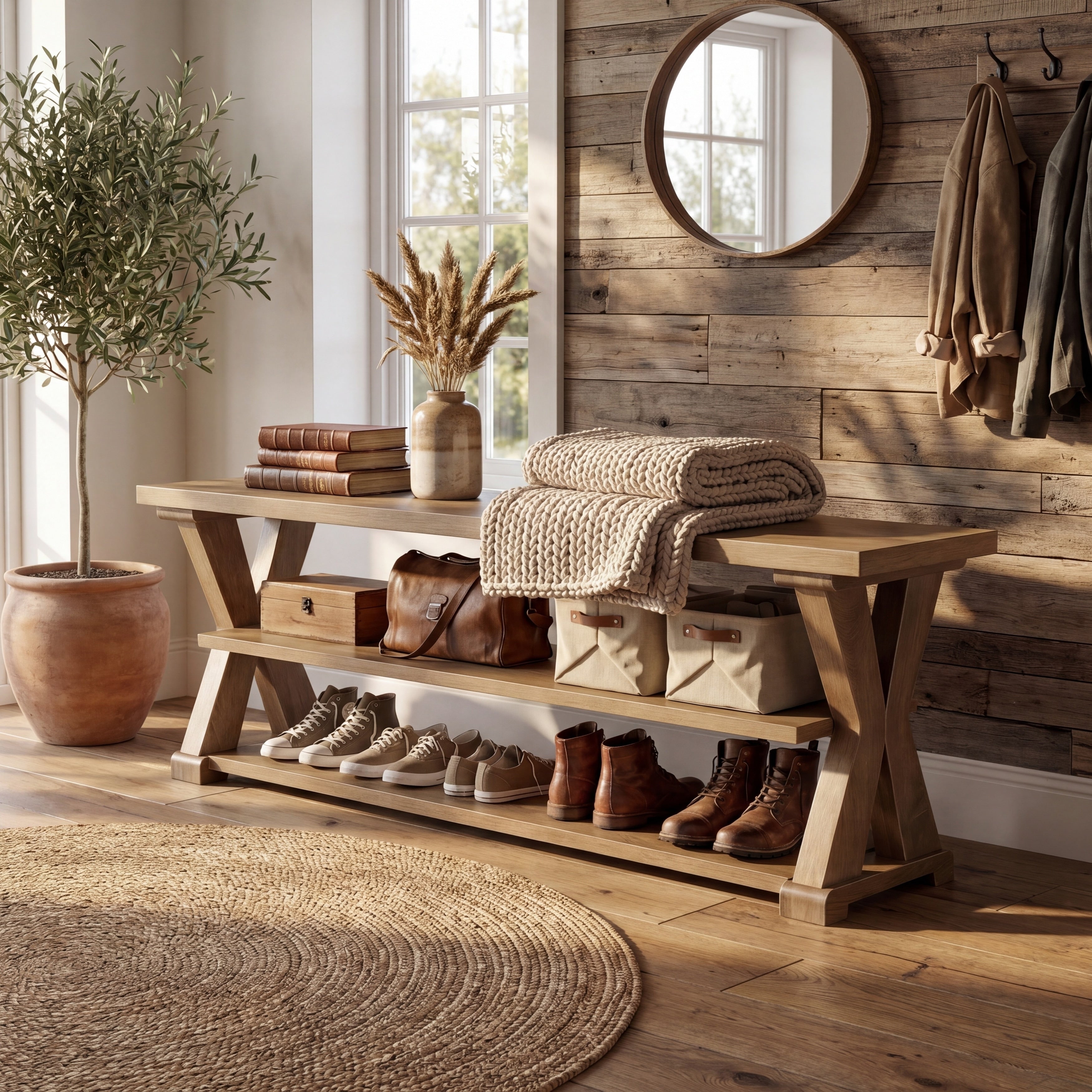 63 Inch Entryway Storage Bench Farmhouse Wooden Shoe Bench Seat