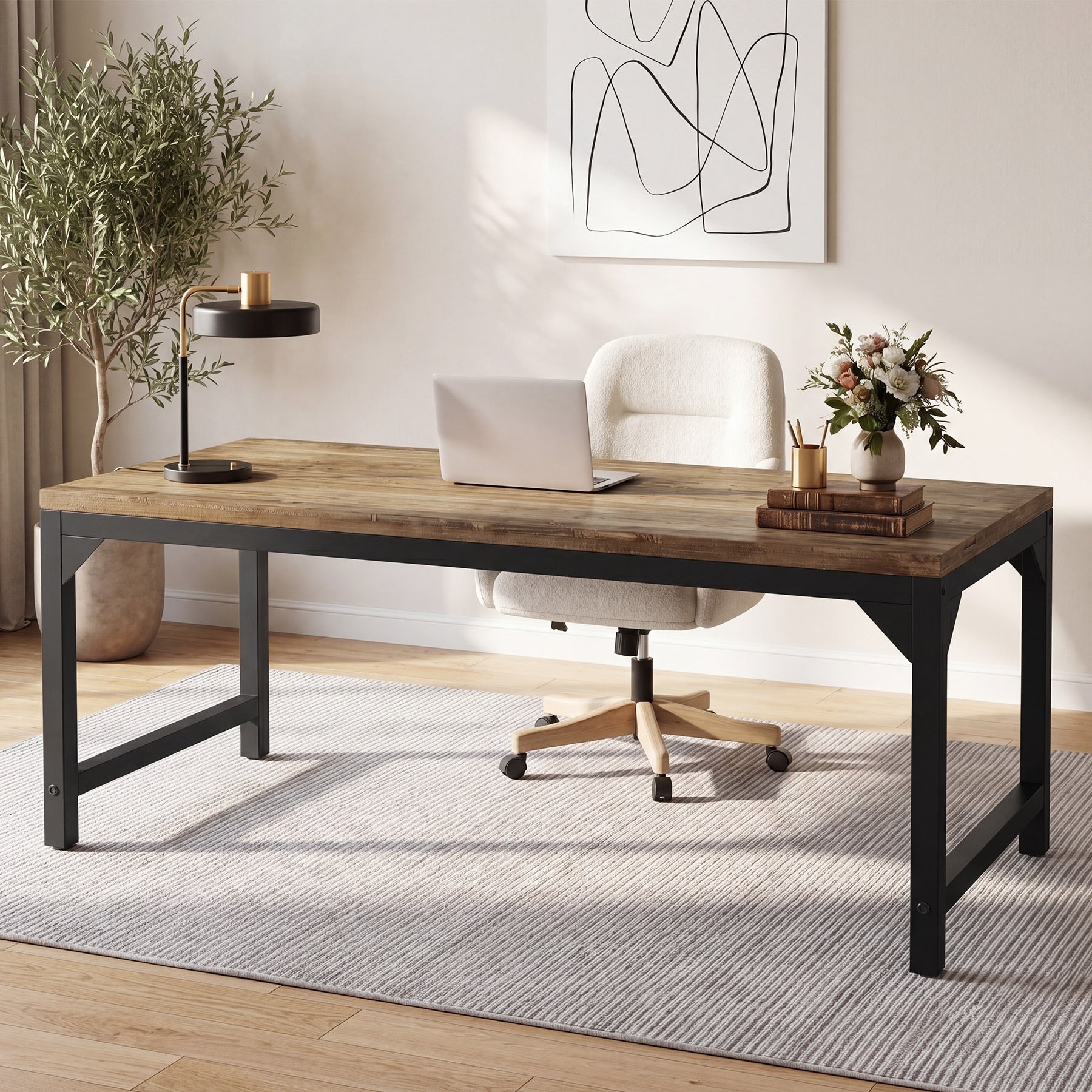 63 Inch Executive Desk For Home Office Solid Wood Rustic Simple Computer Desk Workstation
