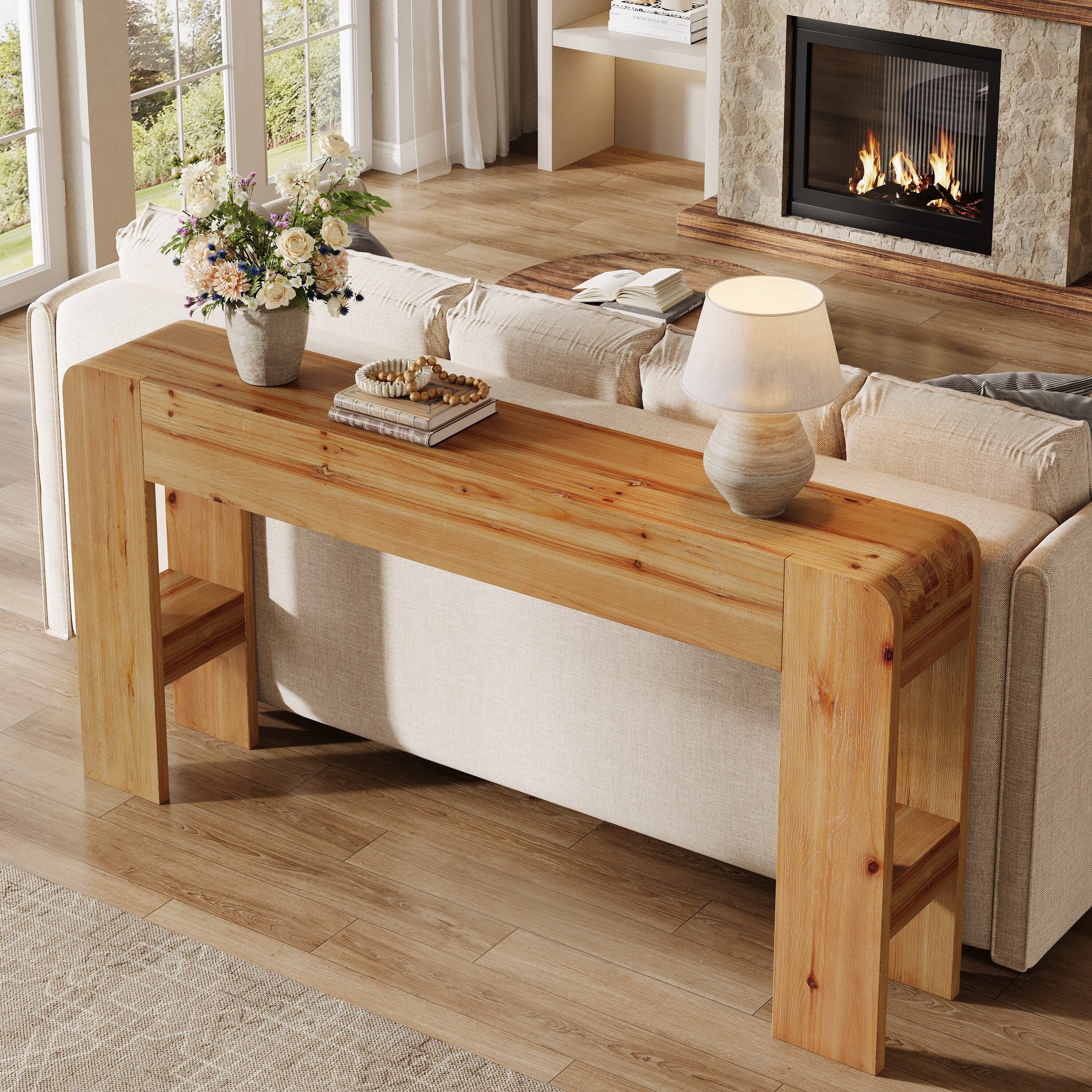 63 Inch Farmhouse Console Table Solid Wood Sofa Table Behind Couch
