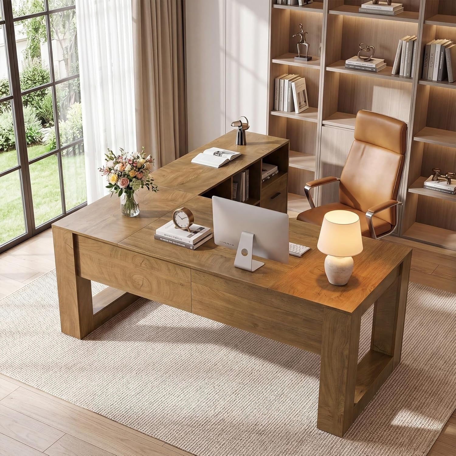 63 Inch L Shaped Executive Desk With Rolling File Cabinet Home Office Set With Shelves And 2 Drawers