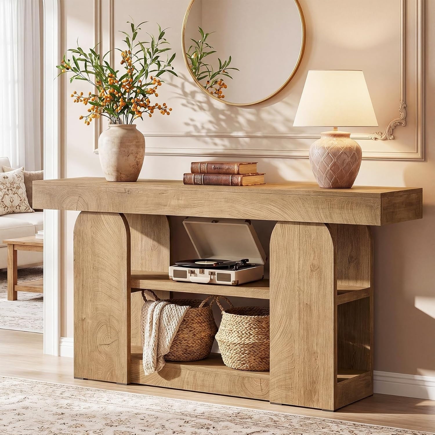 63 Inch Long 3 Tier Farmhouse Console Entryway Sofa Table Behind Couch Table With Storage