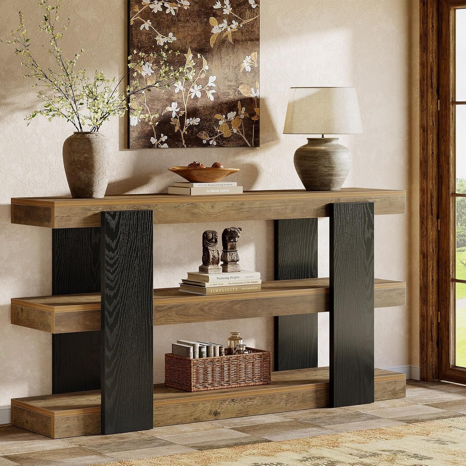 63 Inch Long Console Table 3 Tier Farmhouse Wood Entryway Table With Storage 63 L X 10.63 W X 33.27 H