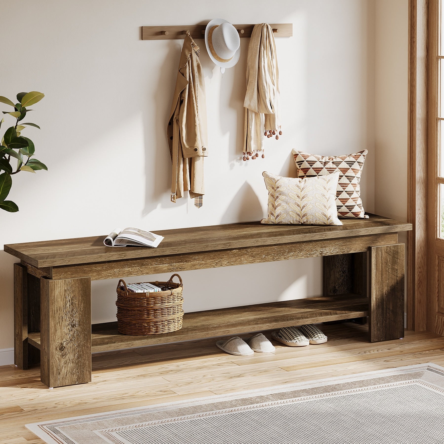 63 Inch Long Entryway Bench With Storage Shelf For Hallway Mudroom