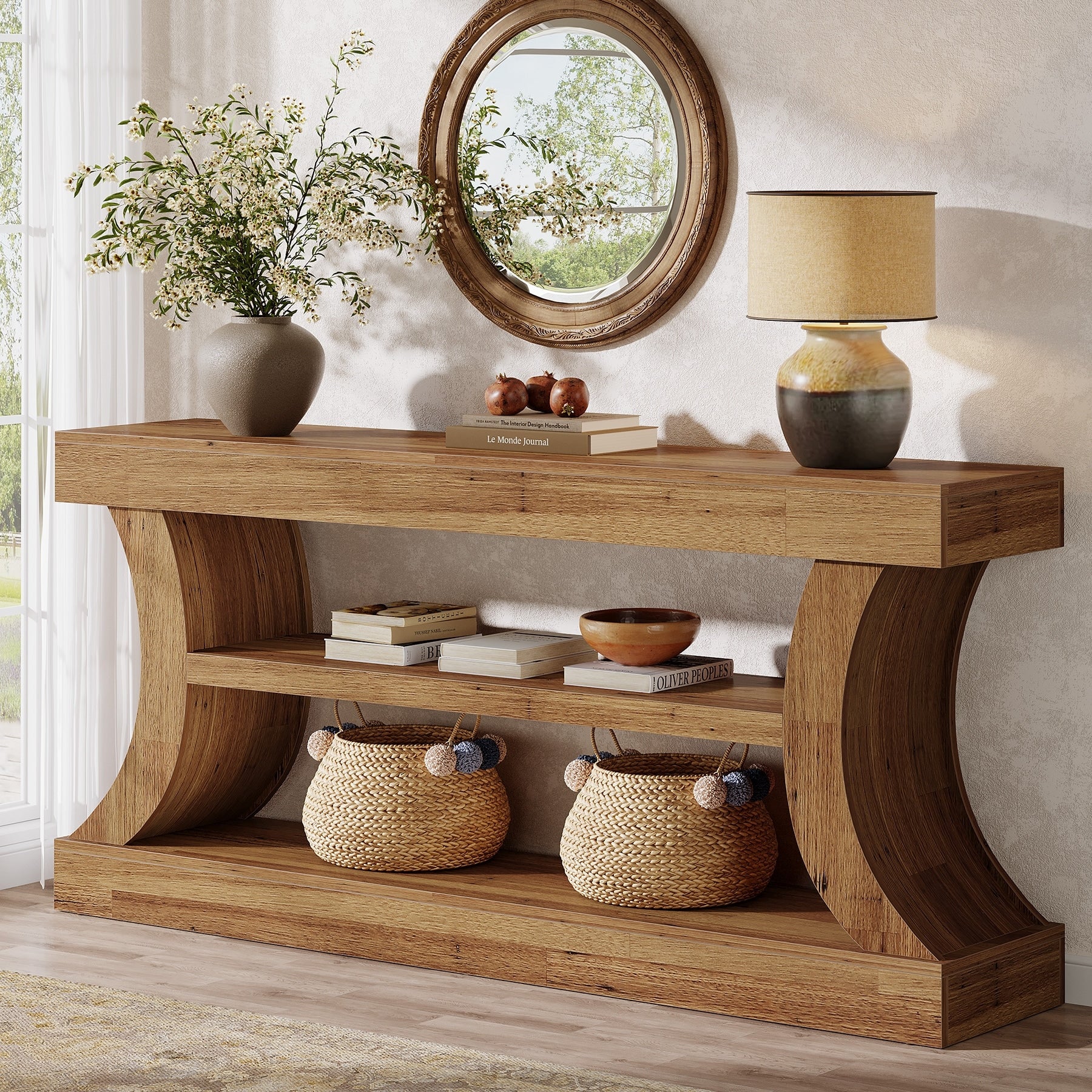 63 Inch Long Farmhouse Entryway Table With 3 Tier Open Storage