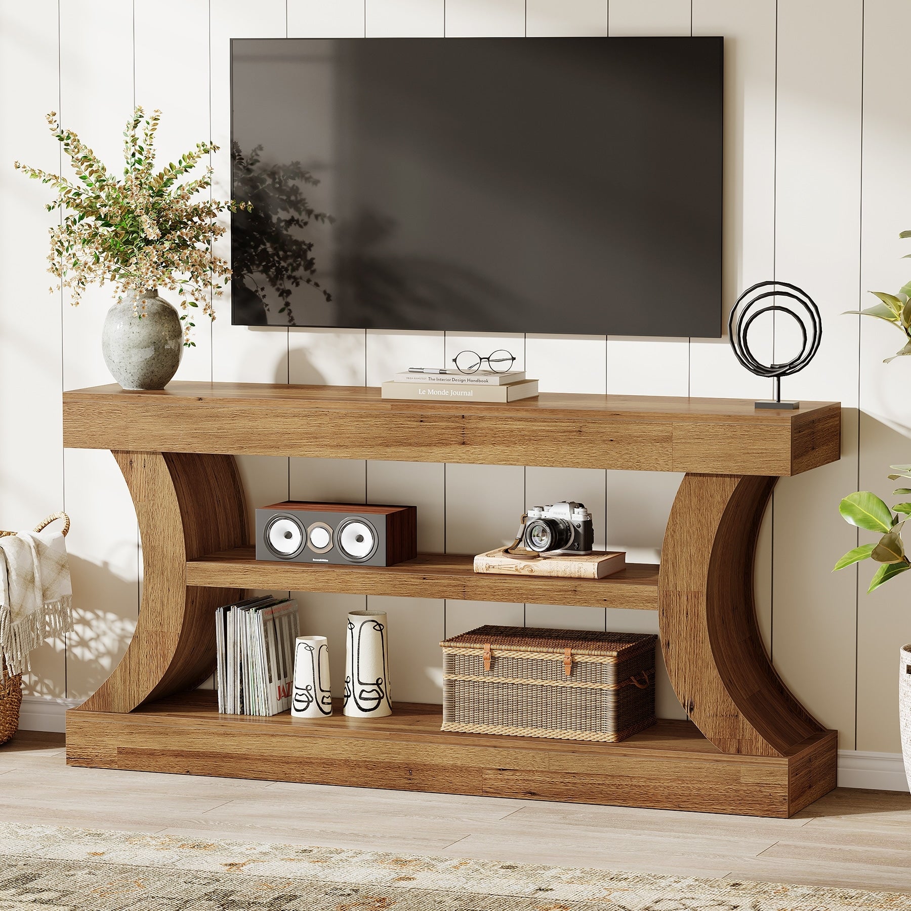 63 Inch Rustic Console Table With Storage Farmhouse Entryway Table With Curved Design