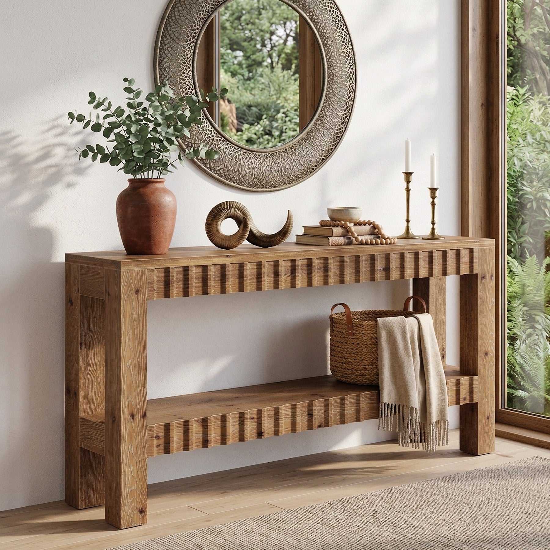 63 Inch Solid Wood Console Table For Entryway Narrow Long Sofa Table With Storage Shelf Farmhouse Style