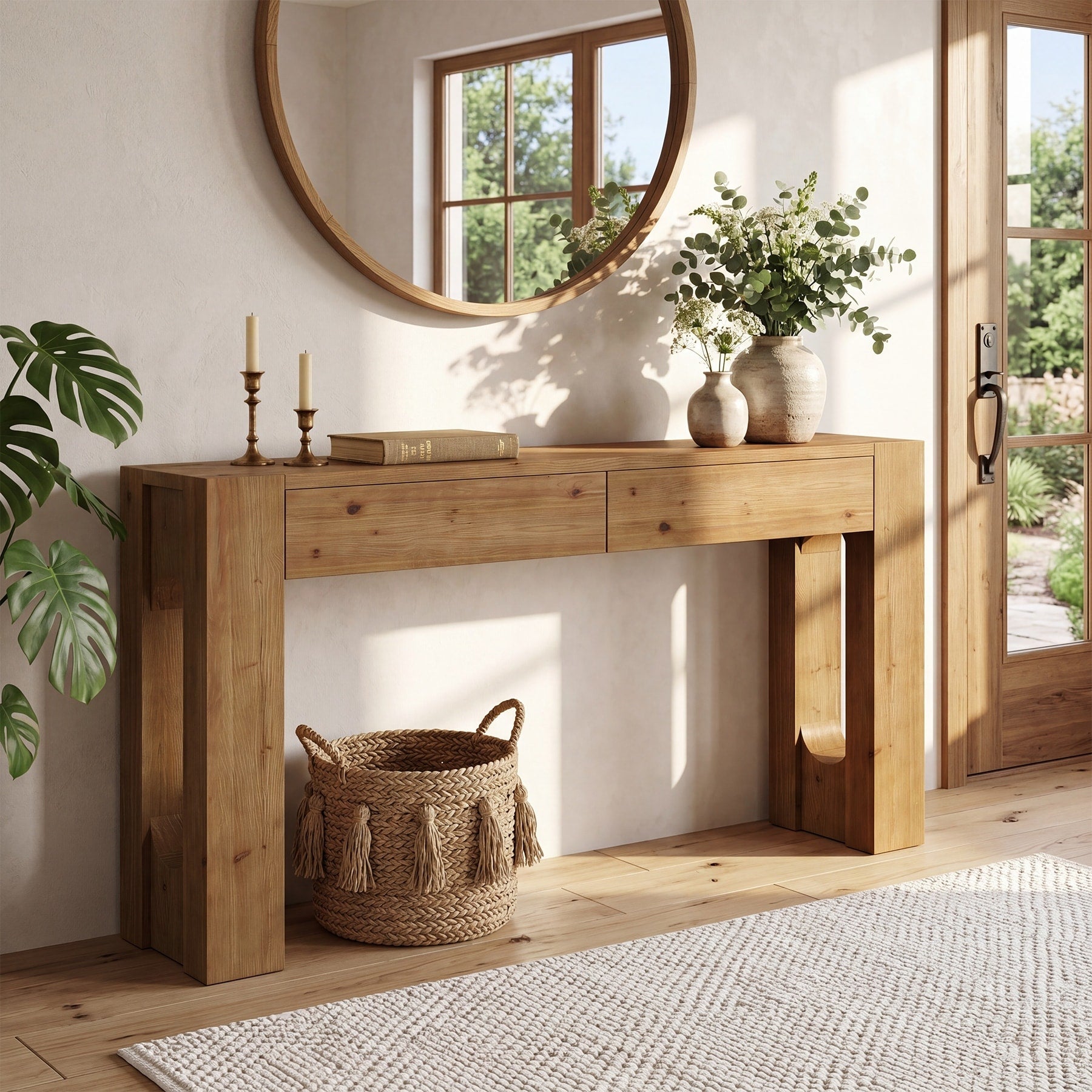 63 Inch Solid Wood Console Table With 2 Drawers Rustic U Shaped Metal Legs
