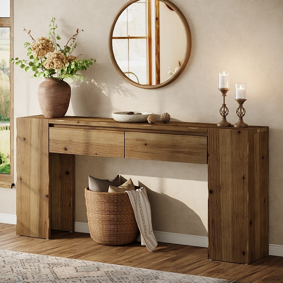 63 Inch Solid Wood Console Table With 2 Drawers For Entryway Hallway