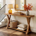 63 Inch Solid Wood Console Table With Storage 2 Tier Farmhouse Sofa Table For Entrance Foyer