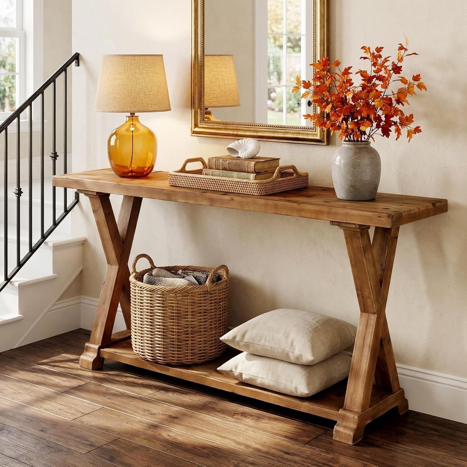 63 Inch Solid Wood Console Table With Storage 2 Tier Farmhouse Sofa Table For Entrance Foyer