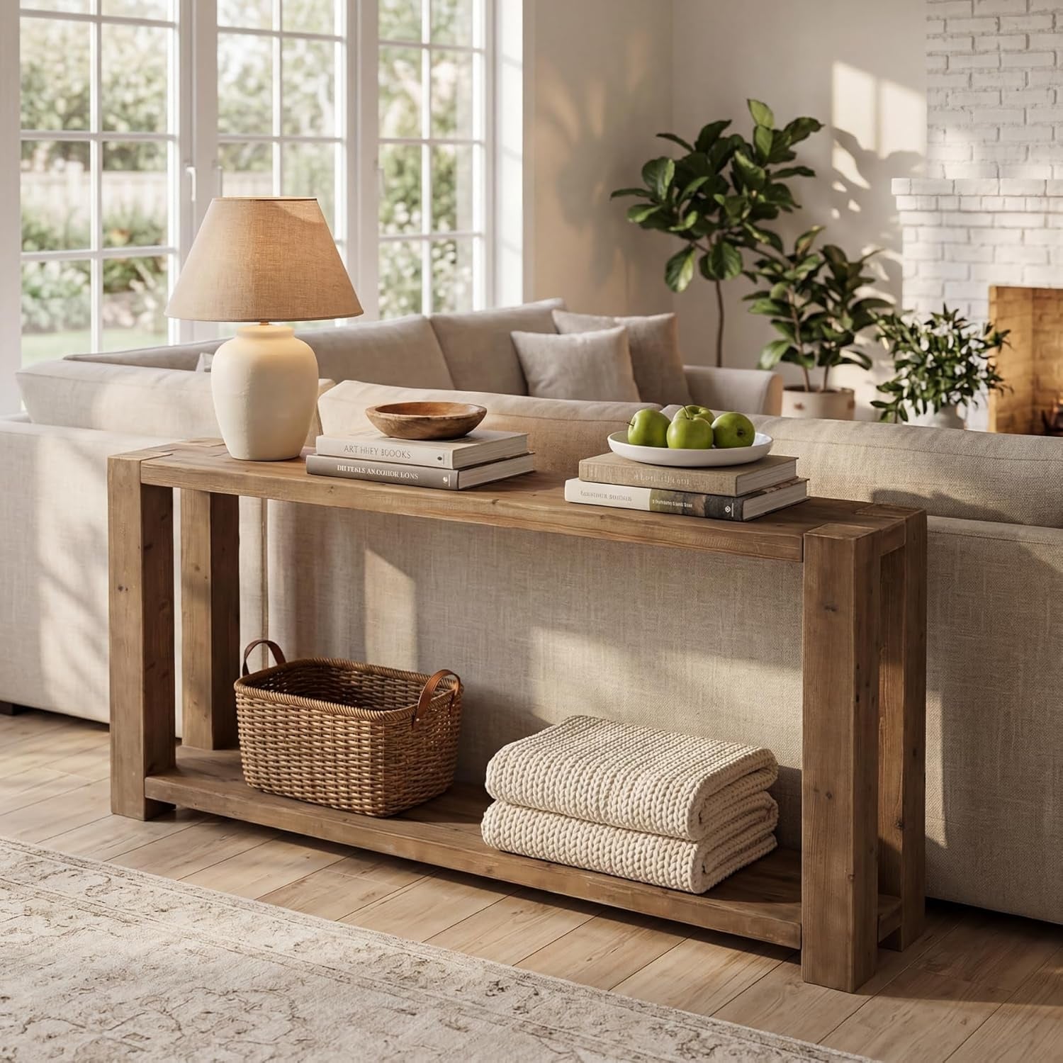 63 Inch Solid Wood Console Table 2 Tier Farmhouse Rustic Entryway Table With Open Shelf 11.81 W X 62.99 L X 31.5 H