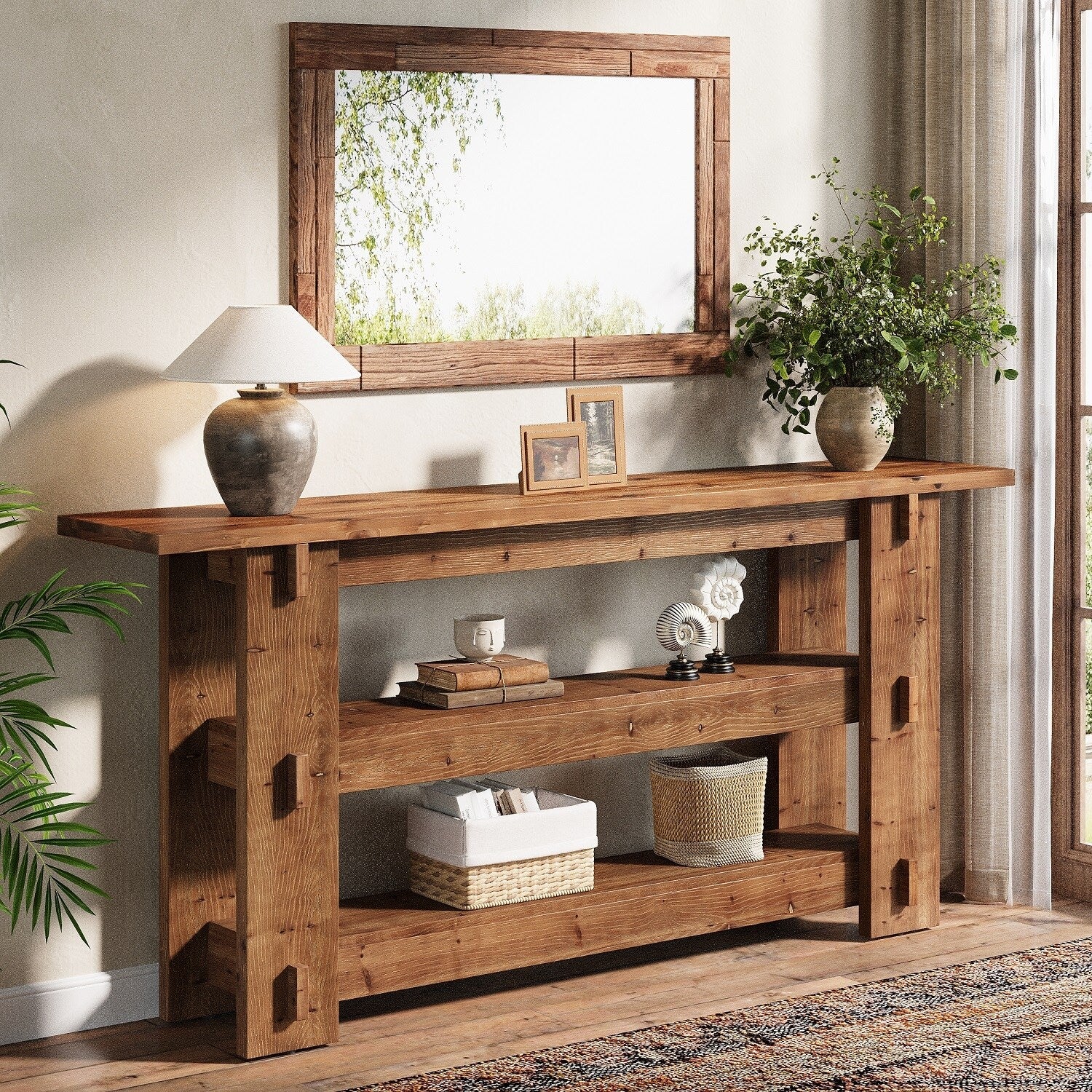63 Inch Solid Wood Console Table Farmhouse Sofa Table Behind Couch