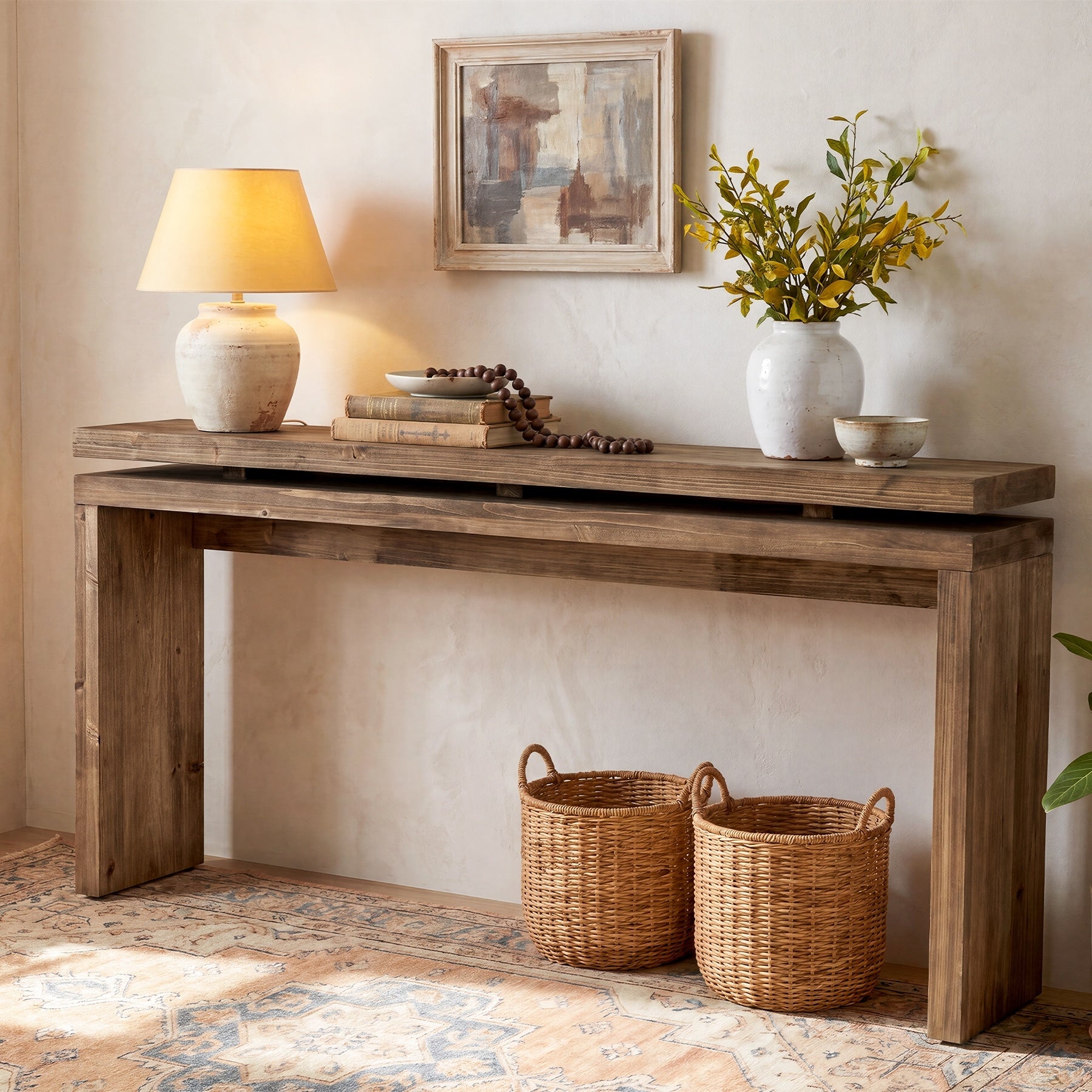 63 Inch Solid Wood Console Table Suspended Double Layers Top