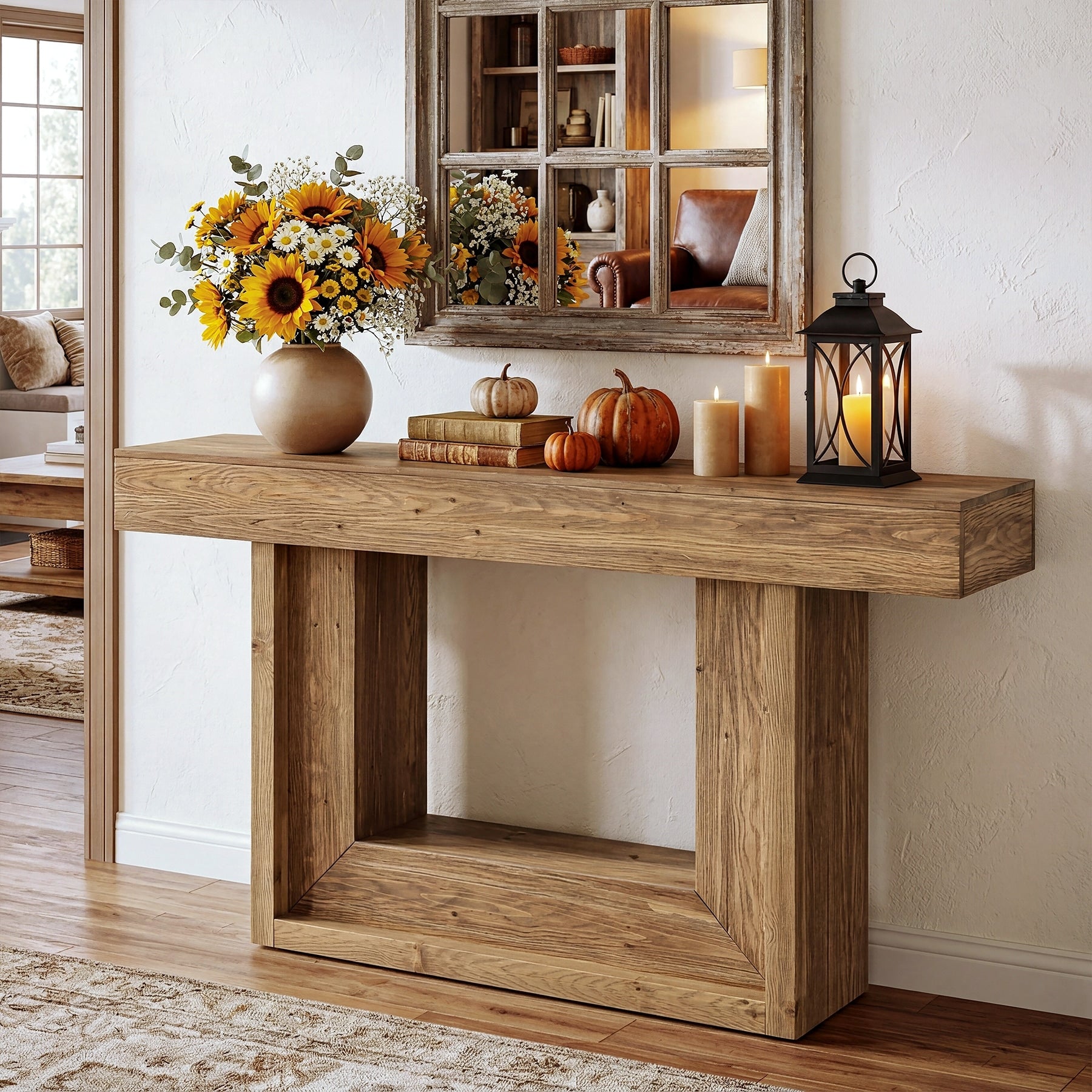 63 Inch Solid Wood Console Table U Shaped Farmhouse Entryway Table