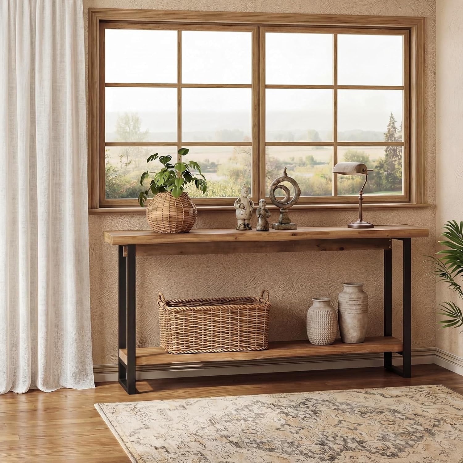63 Inch Solid Wood Live Edge Console Table With Unique Shape Metal Legs Farmhouse Narrow Long Sofa Table Behind Couch