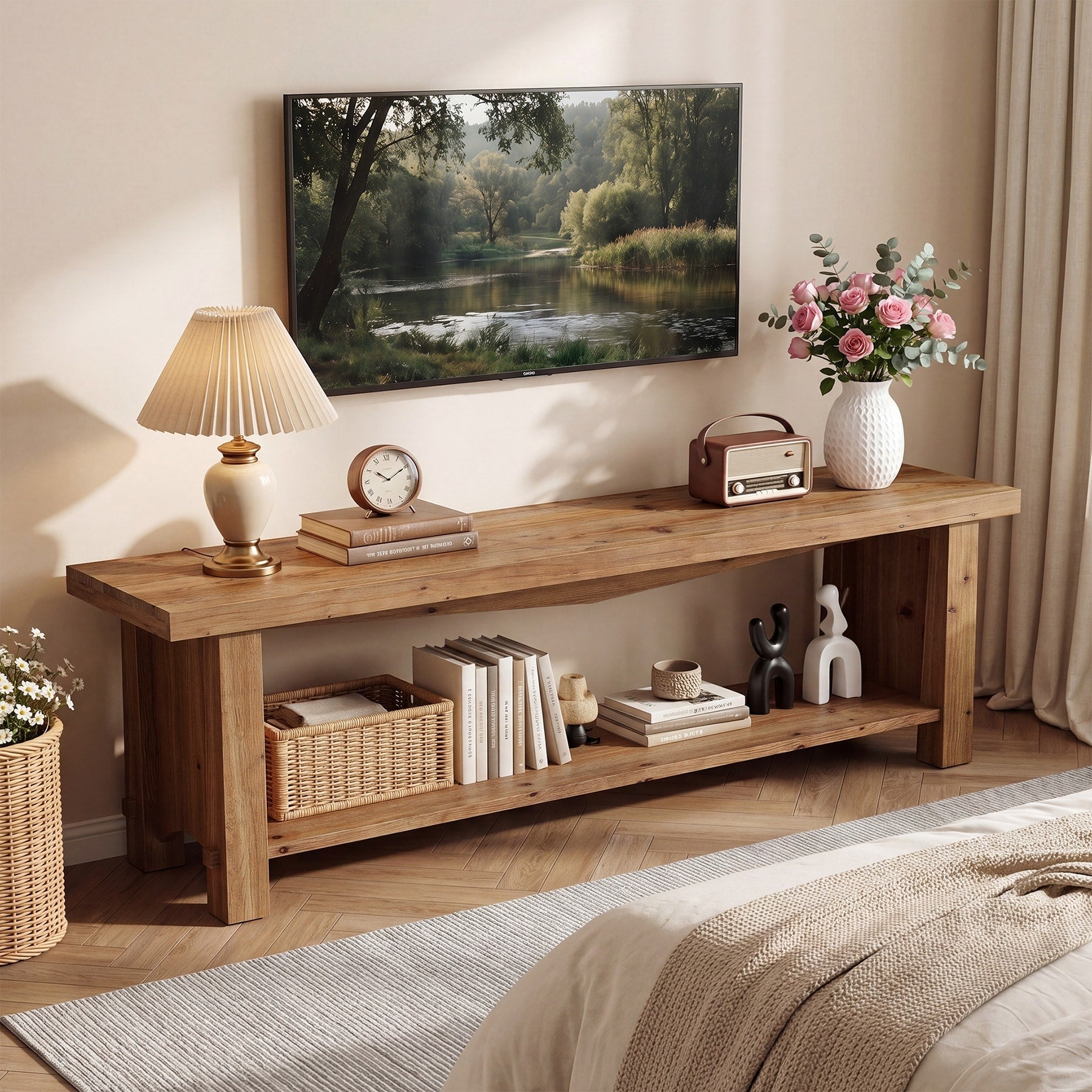 63 Inch Solid Wood Tv Stand For 55 65 75 Inch Tv Entertainment Center With Shelves Media Console For Living Room Bedroom