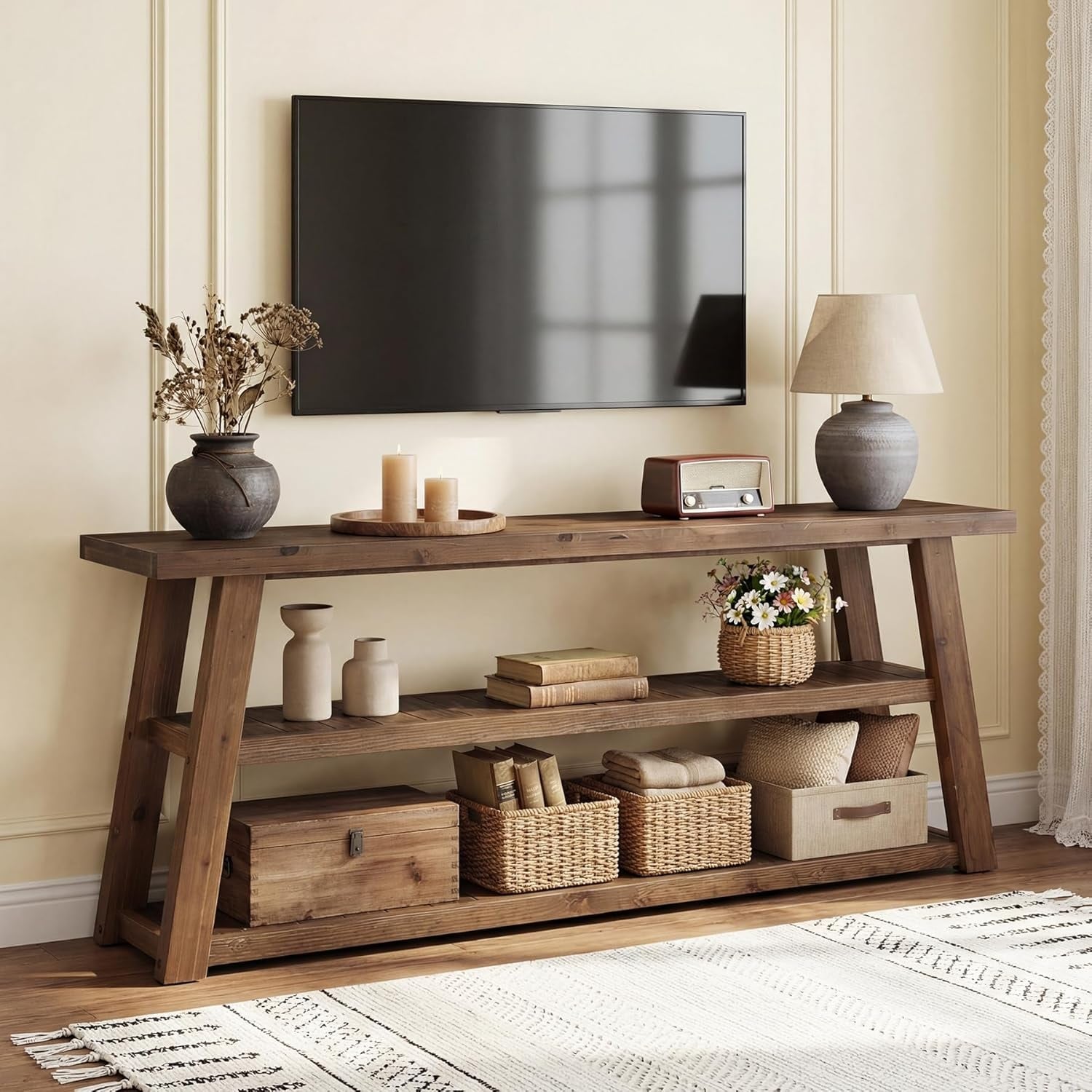 63 Inch Solid Wood Tv Stand For Living Room 3 Tier Wooden Television Media Console For Tvs Up To 70 Inches