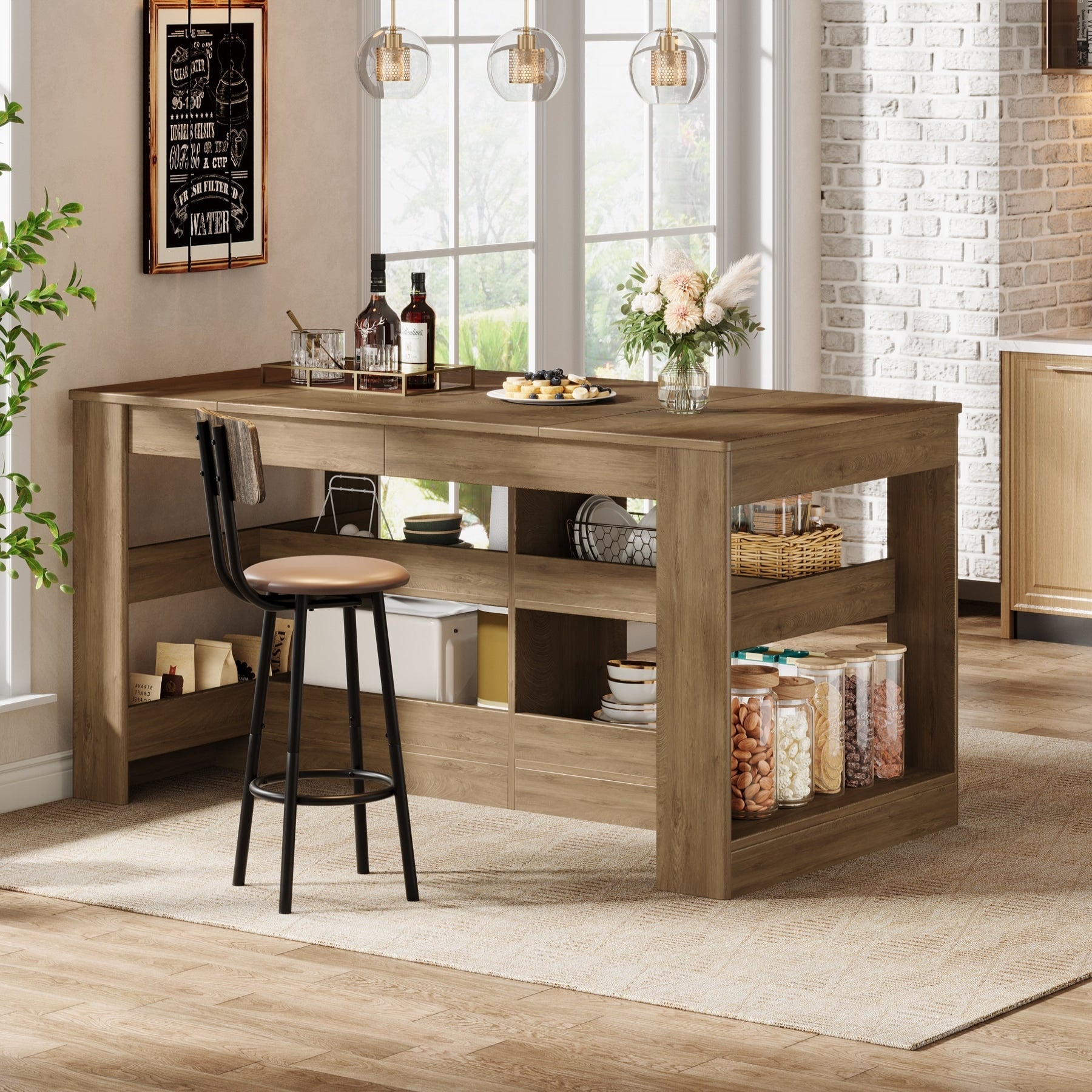 63 Inch Stationary Kitchen Island With Storage Farmhouse Style 62.99 L X 31.5 W X 35.43 H