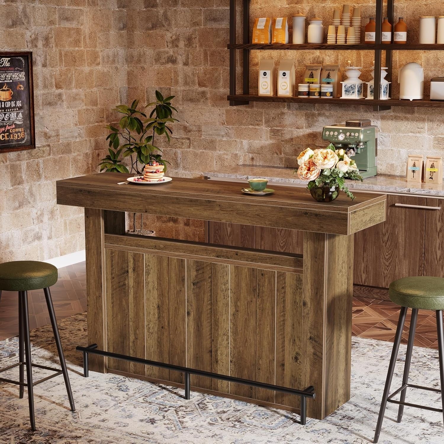63 Inches Bar Table With Footrest And Storage Shelves For Kitchen Bistro Basement