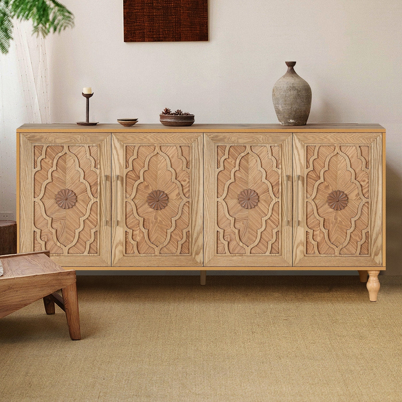 63 In Carved Flower Door Large Storage Cabinet