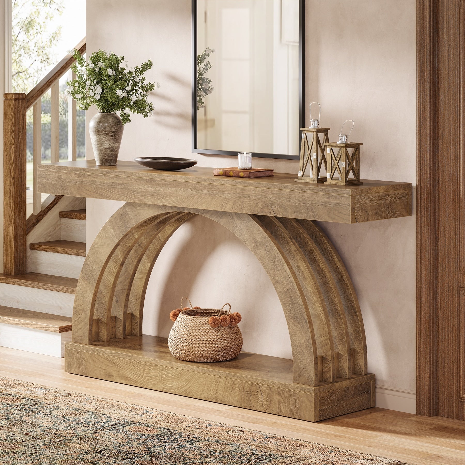 63 In. Farmhouse Rectangle Console Table For Foyer 2 Tier Narrow Unique Arched Sofa Console Behind The Couch