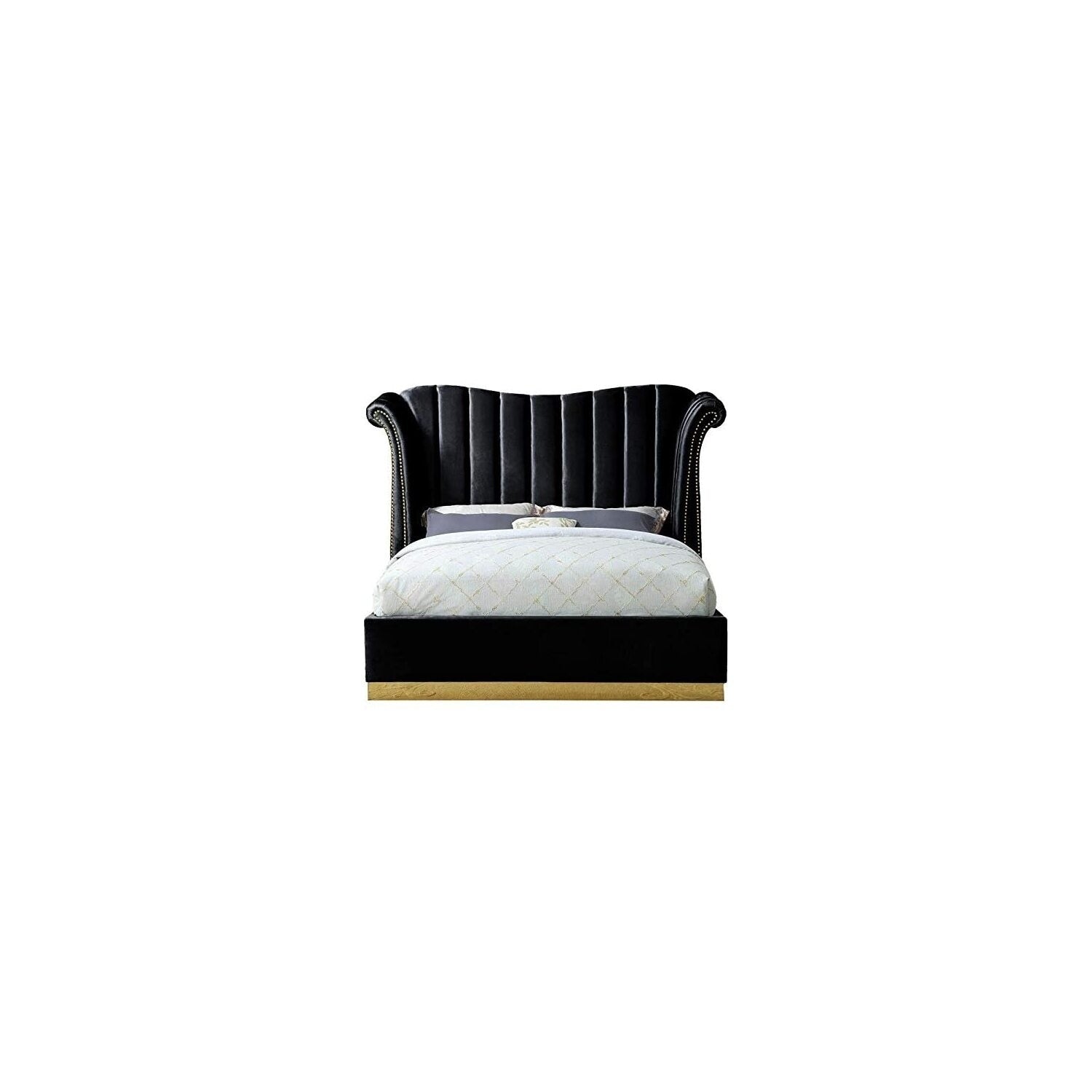 63 In.H Black Wood Frame Queen Size Panel Bed With Velvet Upholstery Material And Bed Frame Mounted