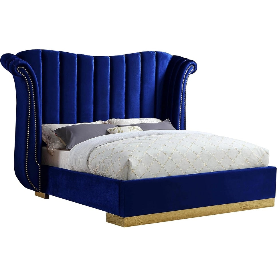 63 In.H Blue Wood Frame Full Size Panel Bed With Velvet Upholstery Material And Bed Frame Mounted