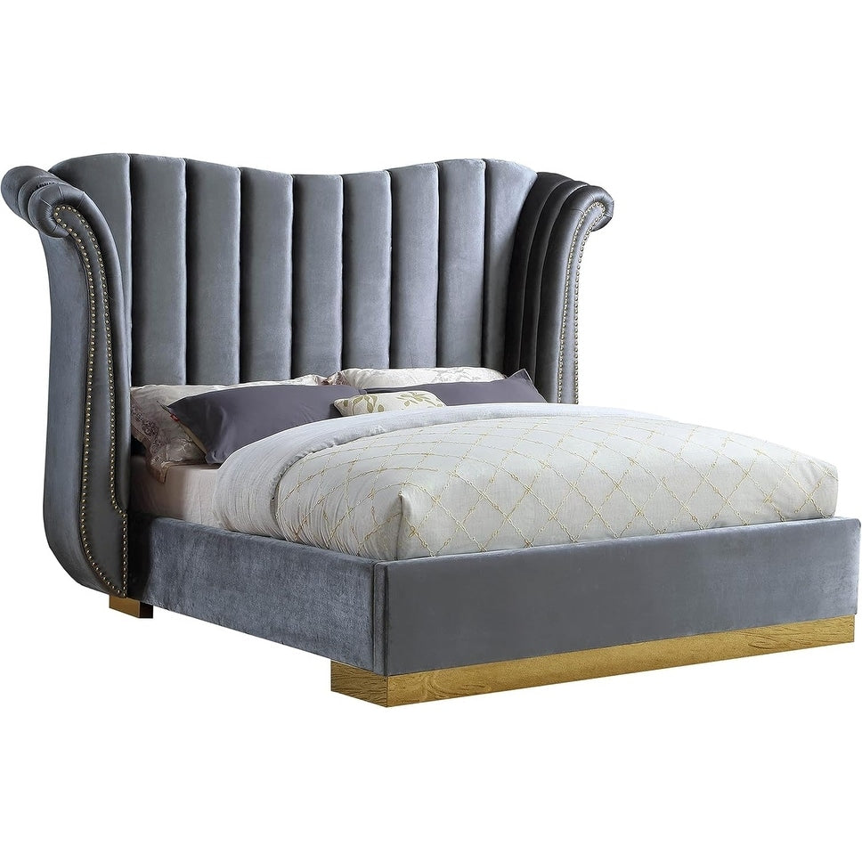 63 In.H Gray Wood Frame Full Size Panel Bed With Velvet Upholstery Material And Bed Frame Mounted