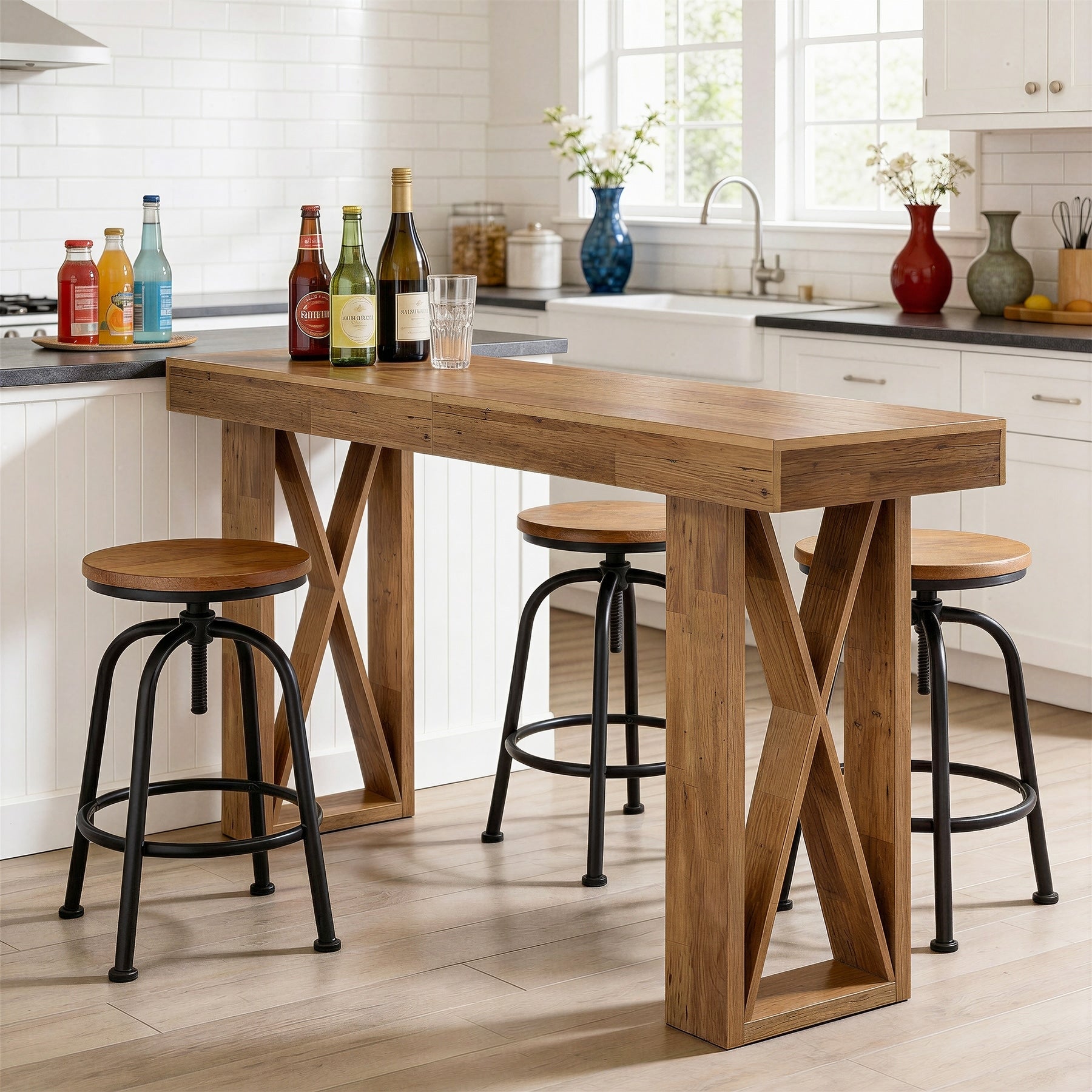 63 Inch Bar Table Counter Height Pub Table With Wooden X Shaped Frame