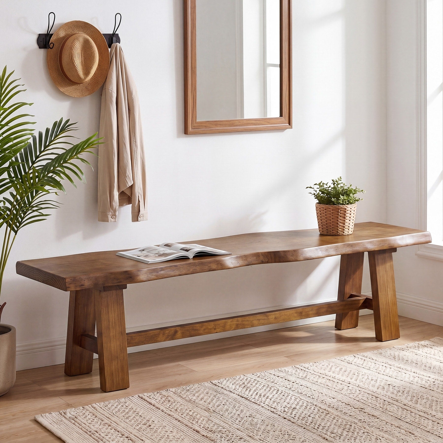 63 Inch Long Solid Wood Entryway Bench Live Edge