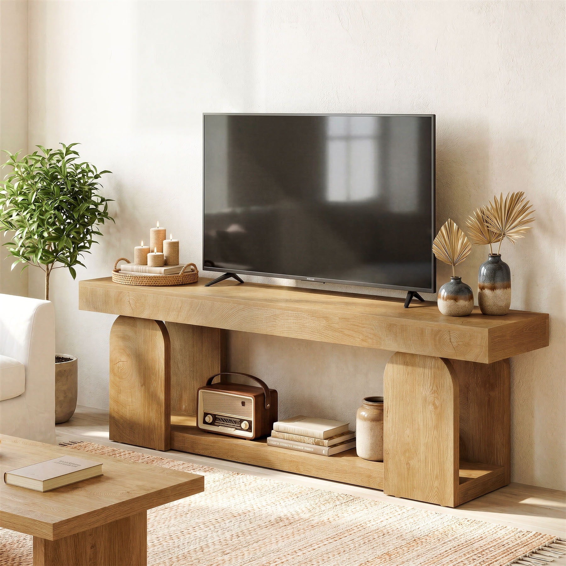 63 Inch Tv Stand For 55 60 65 75 Inch Tvs Natural Wood
